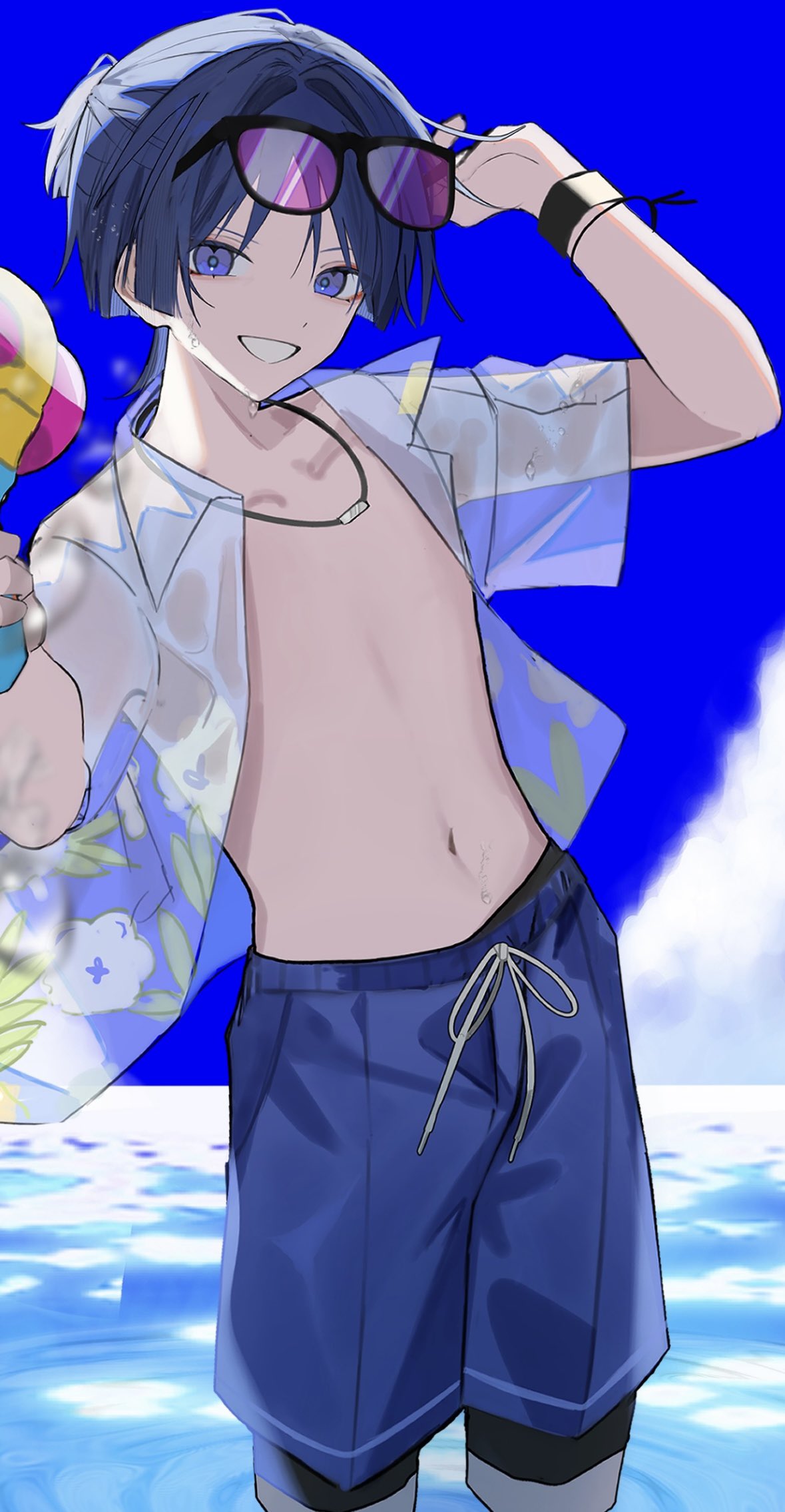 rtms, scaramouche (genshin impact), genshin impact, highres, 1boy, alternate costume, alternate hairstyle, black hair, blue sky, blue swim trunks, blunt ends, cloud, cloudy sky, collarbone, collared shirt, colored inner hair, contemporary, drawstring, eyeliner, eyeshadow, eyewear on head, floral print shirt, grey hair, hair intakes, hair pulled back, hands up, holding, holding toy, holding water gun, makeup, male focus, male swimwear, multicolored hair, navel, ocean, open clothes, open mouth, open shirt, outdoors, ponytail, purple-tinted eyewear, purple eyes, red eyeliner, red eyeshadow, ripples, see-through clothes, see-through shirt, see-through sleeves, shirt, short ponytail, short sleeves, sky, solo, sunglasses, sweat, swim trunks, tinted eyewear, toy, wading, water gun, wet, wet clothes, white mouth, white shirt, white sleeves, wispy bangs, wristband