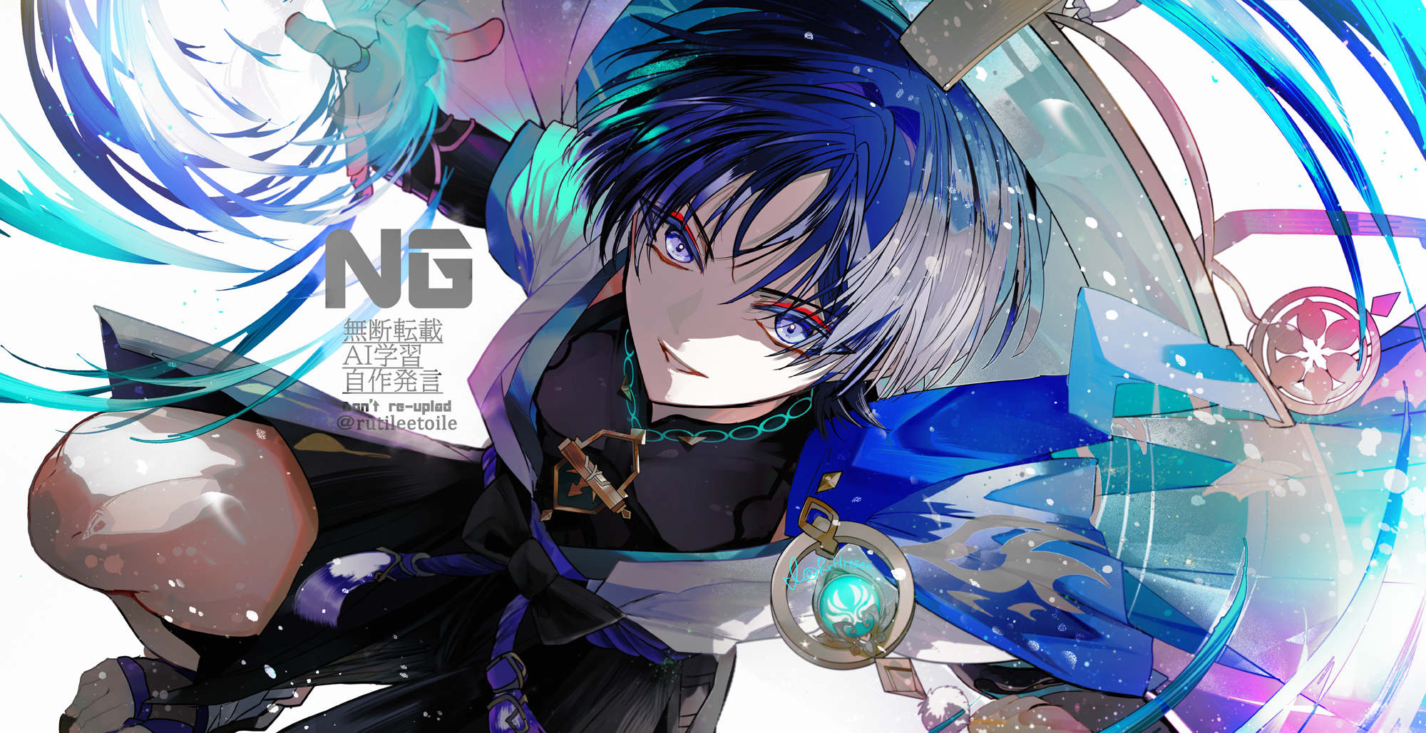 asrhion, scaramouche (genshin impact), wanderer (genshin impact), genshin impact, highres, 1boy, anemo symbol (genshin impact), aqua gemstone, armor, artist name, black bodysuit, black bow, black bridal gauntlets, black shorts, blue cape, blue kimono, blue sleeves, blunt ends, bodysuit, bow, bridal gauntlets, bright pupils, cape, choppy bangs, dutch angle, eyeliner, eyeshadow, feathers, gem, gold, hair intakes, incoming attack, japanese armor, japanese clothes, juban, kimono, knee up, kote, kurokote, layered sleeves, looking at viewer, makeup, male focus, mandarin collar, open clothes, open hand, open kimono, open mouth, pom pom (clothes), purple eyes, purple hair, purple rope, red eyeliner, red eyeshadow, rope, short sleeves, shorts, shoulder peek, smirk, solo, toenails, toes, tsurime, twitter username, vision (genshin impact), watermark, white background, white kimono, white mouth, white pupils, white sleeves, white trim, wind, yellow feathers