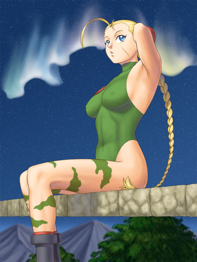 greendragon, shun (greendragon), cammy white, capcom, street fighter, bad id, bad pixiv id, 1girl, adjusting hair, armpits, aurora, blonde hair, blue eyes, braid, braided ponytail, breasts, covered erect nipples, female focus, large breasts, leotard, long hair, night, nipples, scar, single braid, sitting, solo