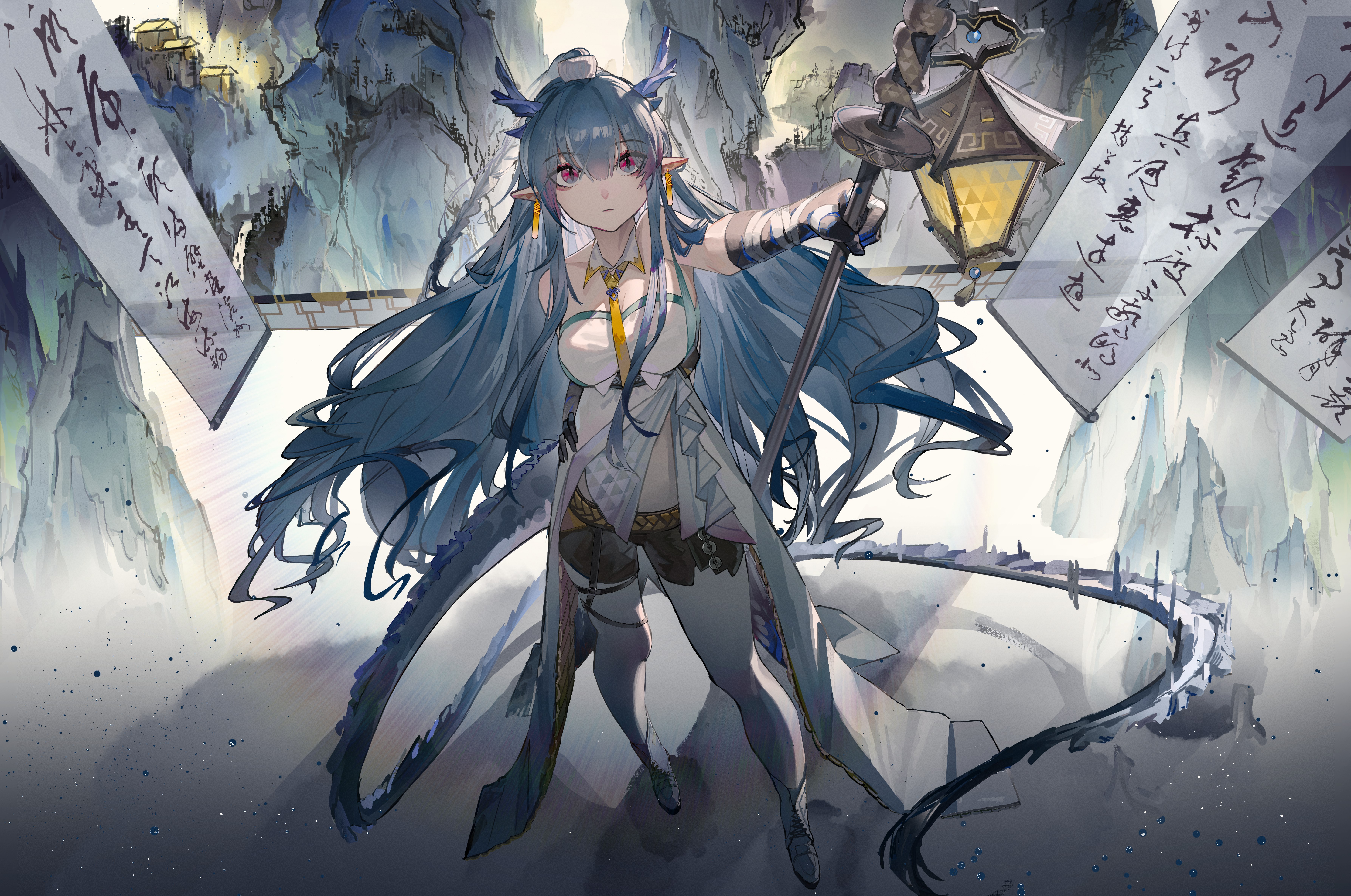 feijiu, ling (arknights), arknights, absurdres, chinese commentary, commentary request, highres, making-of available, 1girl, bare shoulders, black shorts, blue eyes, blue hair, bolo tie, boots, breasts, closed mouth, colored extremities, detached collar, dragon girl, dragon horns, dragon tail, dress, earrings, expressionless, full body, grey boots, hair between eyes, holding, holding lantern, horns, jewelry, lantern, light particles, long hair, looking at viewer, medium breasts, multicolored eyes, outstretched arm, pointy ears, red eyes, scroll, short shorts, shorts, solo, standing, tail, two-tone eyes, uroko (pattern), white dress