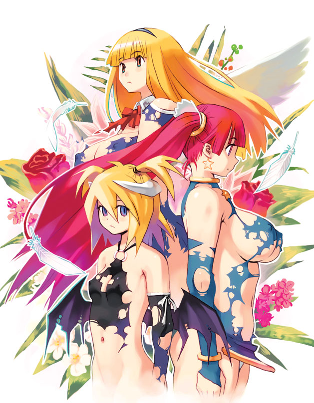 ryoji (nomura ryouji), 3girls, blonde hair, blue eyes, breasts, demon girl, flat chest, halterneck, horns, large breasts, long hair, low wings, multiple girls, navel, red hair, torn clothes, twintails, wings