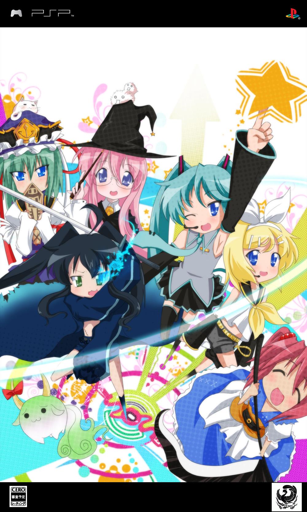 lucky star, highres, cover, handheld game console, parody, playstation portable, sword, weapon