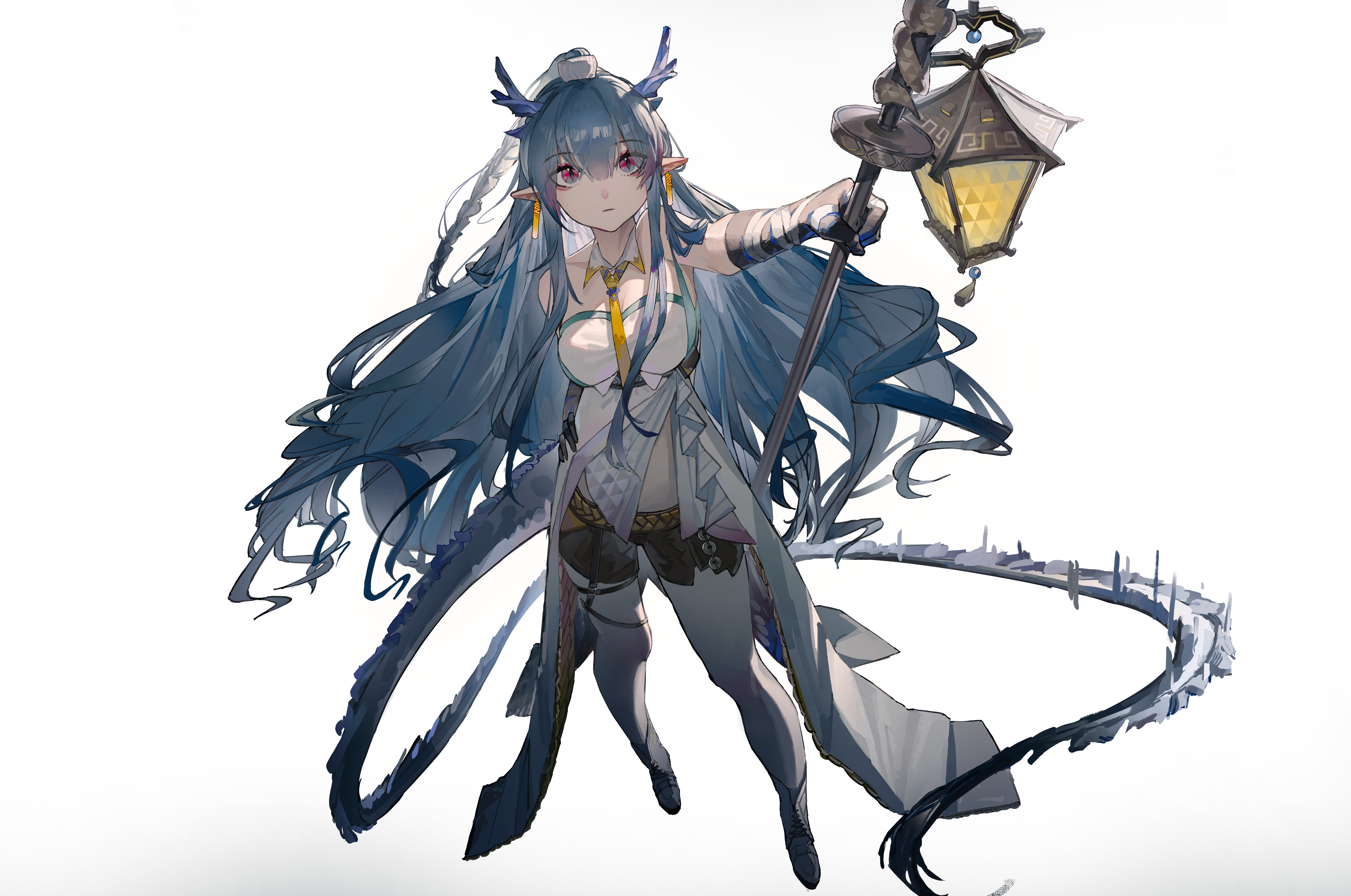 feijiu, ling (arknights), arknights, absurdres, chinese commentary, commentary request, highres, making-of available, 1girl, bare shoulders, black shorts, blue eyes, blue hair, bolo tie, boots, breasts, closed mouth, colored extremities, detached collar, dragon girl, dragon horns, dragon tail, dress, earrings, expressionless, full body, grey boots, hair between eyes, holding, holding lantern, horns, jewelry, lantern, long hair, looking at viewer, medium breasts, multicolored eyes, outstretched arm, pointy ears, red eyes, short shorts, shorts, simple background, solo, standing, tail, two-tone eyes, uroko (pattern), white background, white dress
