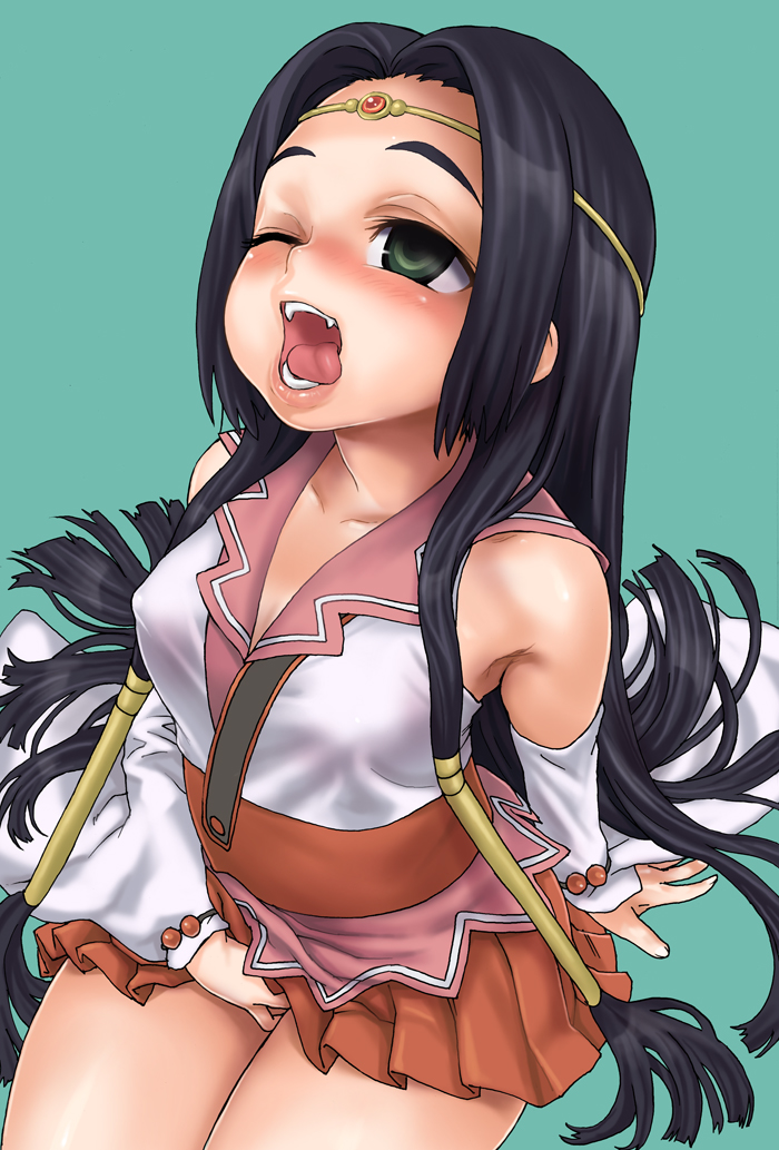 asanagi, sumeragi kaguya, code geass, 00s, 1girl, black hair, blush, empty eyes, fang, female focus, female masturbation, green background, green eyes, long hair, masturbation, one eye closed, open mouth, simple background, solo, tongue, very long hair, wink