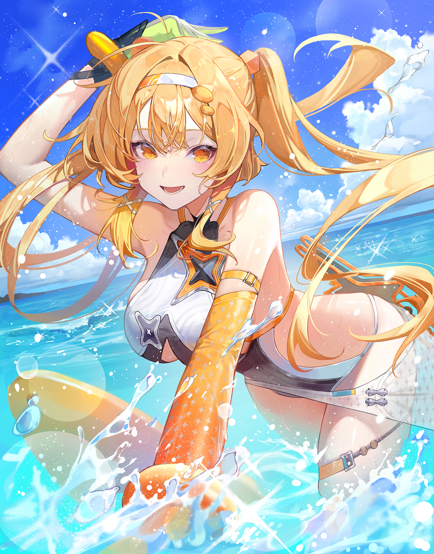 chyoel, fenny golden, snowbreak: containment zone, commentary, highres, 1girl, bare shoulders, black one-piece swimsuit, blonde hair, blue sky, blush, bracelet, breasts, elbow gloves, gloves, hairband, highleg, highleg one-piece swimsuit, jewelry, large breasts, long hair, looking at viewer, ocean, one-piece swimsuit, open mouth, outstretched arm, sarong, sky, smile, solo, surfboard, swimsuit, twintails, two-tone swimsuit, white one-piece swimsuit, yellow eyes