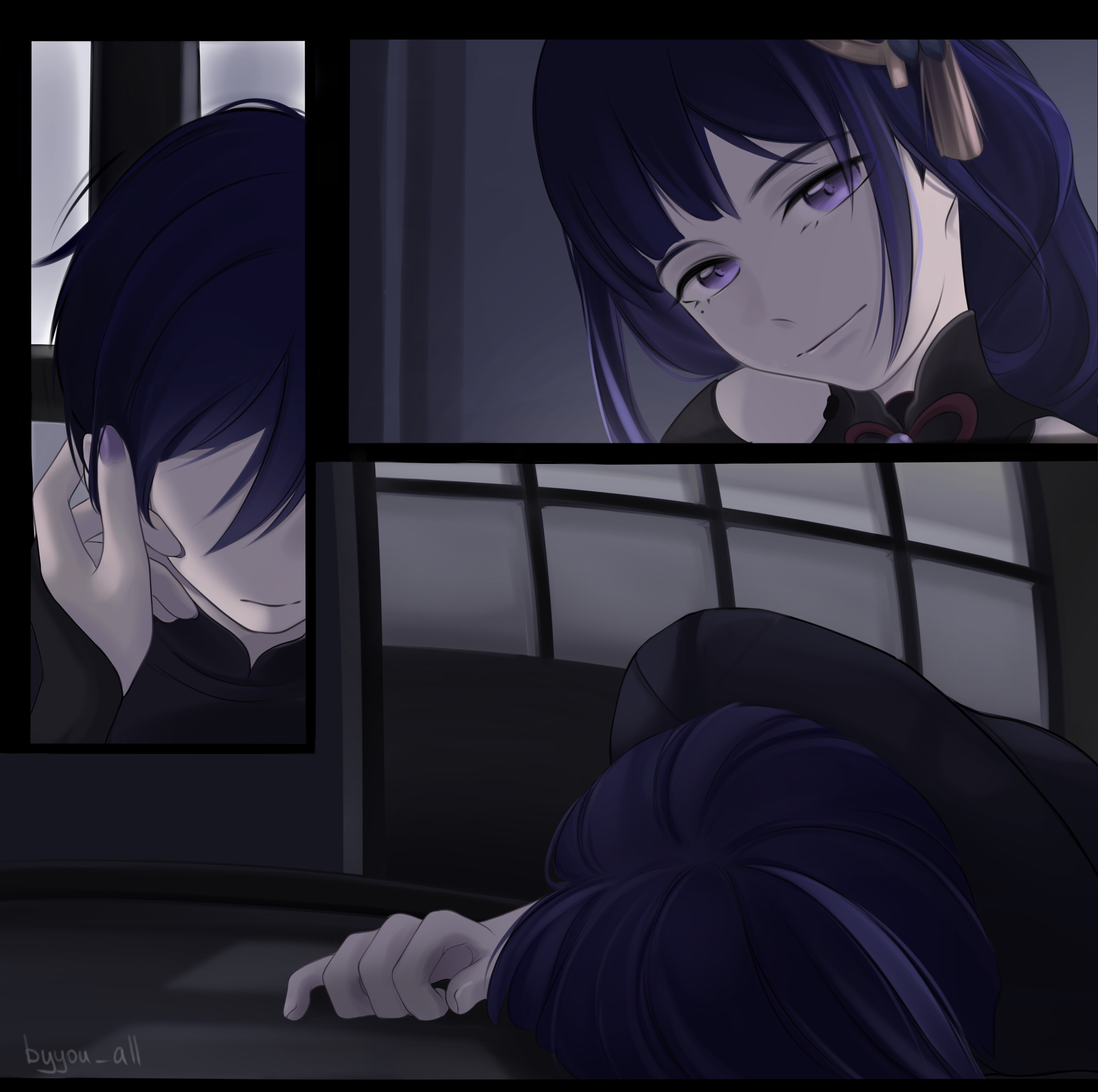 byyou all, raiden shogun, scaramouche (genshin impact), genshin impact, absurdres, highres, 1boy, 1girl, artist name, asymmetrical bangs, black bridal gauntlets, black shirt, black shrug, blunt ends, bridal gauntlets, closed mouth, curled fingers, earrings, eyelashes, faceless, faceless male, hand in another's hair, hand on floor, head down, head tilt, jewelry, long hair, looking at viewer, lying, mandarin collar, mole, mole under eye, mother and son, on floor, on side, purple eyes, purple hair, purple nails, shirt, shrug (clothing), sidelocks, sliding doors, smile, tassel, tassel earrings, tsurime, unconscious