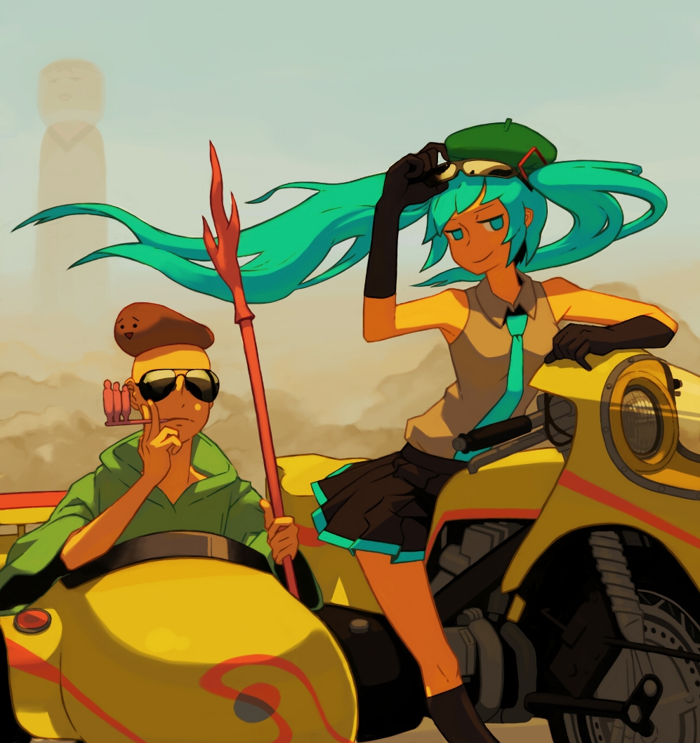 tomioka jirou, hatsune miku, kuuyan, sowaka-chan, android kikaider, gohou shoujo sowaka-chan, jinzou ningen kikaider, kikaider (series), vocaloid, vehicle, bad id, bad pixiv id, 1boy, 1girl, adjusting eyewear, aqua eyes, aqua hair, beret, elbow gloves, eyewear on head, glasses, gloves, hat, holding, holding smoking pipe, mascot, motor vehicle, motorcycle, pipe in mouth, sidecar, smoking, smoking pipe, twintails, wind