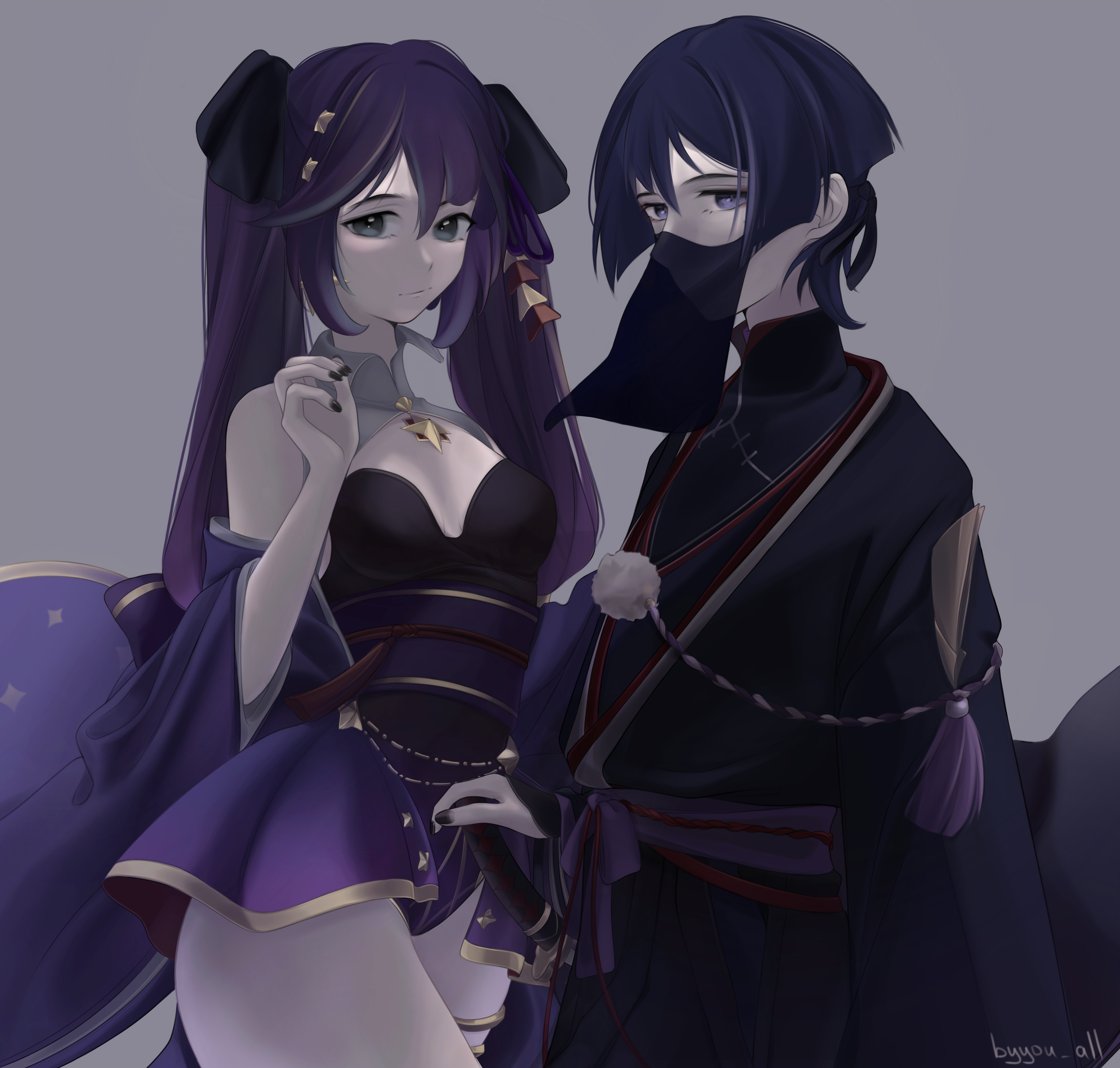 byyou all, mona (genshin impact), scaramouche (genshin impact), genshin impact, absurdres, highres, 1boy, 1girl, adapted costume, aqua eyes, arm at side, artist name, asymmetrical bangs, black bow, black kimono, black leotard, black nails, black pants, black shirt, black sleeves, black vest, blunt bangs, blunt ends, bow, breasts, closed mouth, collar, detached collar, earrings, eyeliner, eyeshadow, gold, gold trim, grey background, hair between eyes, hair bow, hair ornament, hakama, hakama pants, haori himo, highleg, highleg leotard, japanese clothes, jewelry, juban, kimono, layered sleeves, leotard, light smile, long hair, long sleeves, looking at viewer, makeup, mandarin collar, medium breasts, mouth veil, obi, obiage, off shoulder, open clothes, open kimono, pants, parted bangs, purple bow, purple eyes, purple hair, purple kimono, purple rope, purple sash, purple sleeves, red eyeliner, red eyeshadow, red kimono, red rope, rope, sash, shimenawa, shirt, side slit, sidelocks, single sode, star (symbol), star earrings, star hair ornament, star pendant, star print, tassel, thighlet, twintails, undershirt, veil, vest, white collar, white kimono, white rope, white sleeves, wide sleeves, wispy bangs
