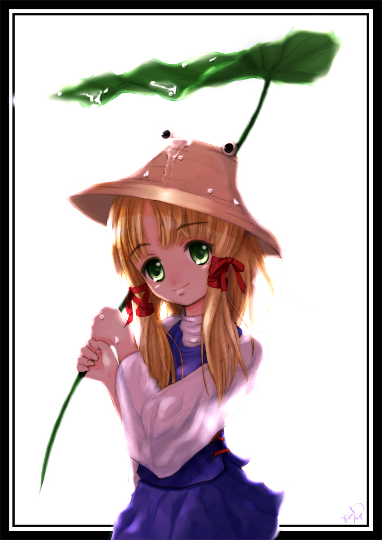 miyai haruki, moriya suwako, touhou, bad id, bad pixiv id, 1girl, blonde hair, female focus, hat, miyai hare teru, plant, ribbon, skirt, smile, solo, water, white background