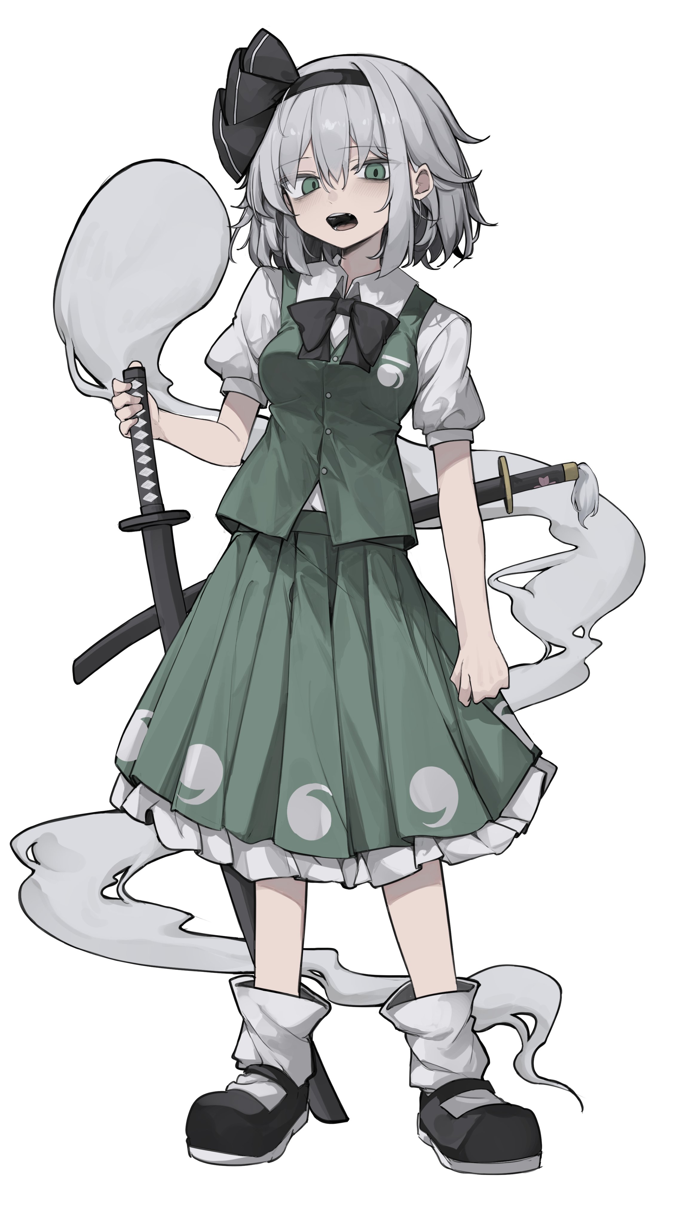 hisha (kan moko), konpaku youmu, konpaku youmu (ghost), touhou, absurdres, commentary, highres, 1girl, black bow, black bowtie, black hairband, black ribbon, black shoes, bow, bowtie, breasts, collared shirt, frilled skirt, frills, full body, green eyes, green hair, green skirt, green vest, grey hair, hair between eyes, hair ribbon, hairband, holding, holding sword, holding weapon, looking at viewer, mary janes, medium breasts, open mouth, pleated skirt, puffy short sleeves, puffy sleeves, ribbon, shirt, shoes, short hair, short sleeves, skirt, socks, solo, standing, sword, sword on back, vest, weapon, weapon on back, white shirt, white socks