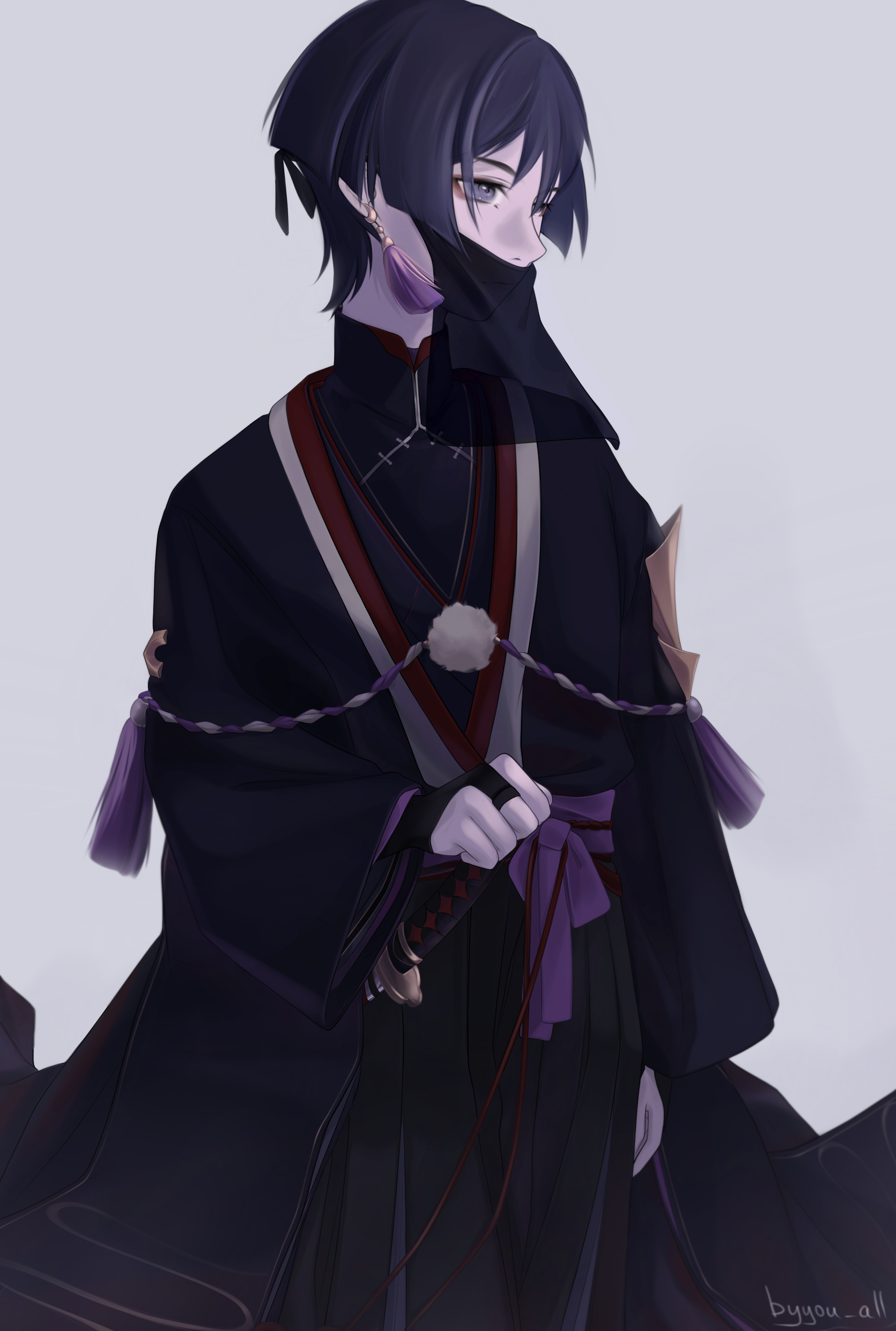 byyou all, scaramouche (genshin impact), genshin impact, absurdres, highres, 1boy, adapted costume, arm at side, artist name, black kimono, black pants, black shirt, black sleeves, black veil, blunt ends, clenched hand, cowboy shot, earrings, eyelashes, eyeliner, eyeshadow, furisode, grey background, grey eyes, grey hair, hakama, hakama pants, hand up, haori himo, japanese clothes, jewelry, juban, kimono, layered sleeves, long sleeves, looking to the side, makeup, male focus, mandarin collar, mouth veil, pants, purple rope, purple sash, purple sleeves, red eyeliner, red eyeshadow, red kimono, rope, sash, see-through clothes, see-through veil, shimenawa, shirt, solo, tassel, tassel earrings, tsurime, undershirt, veil, white kimono, white rope