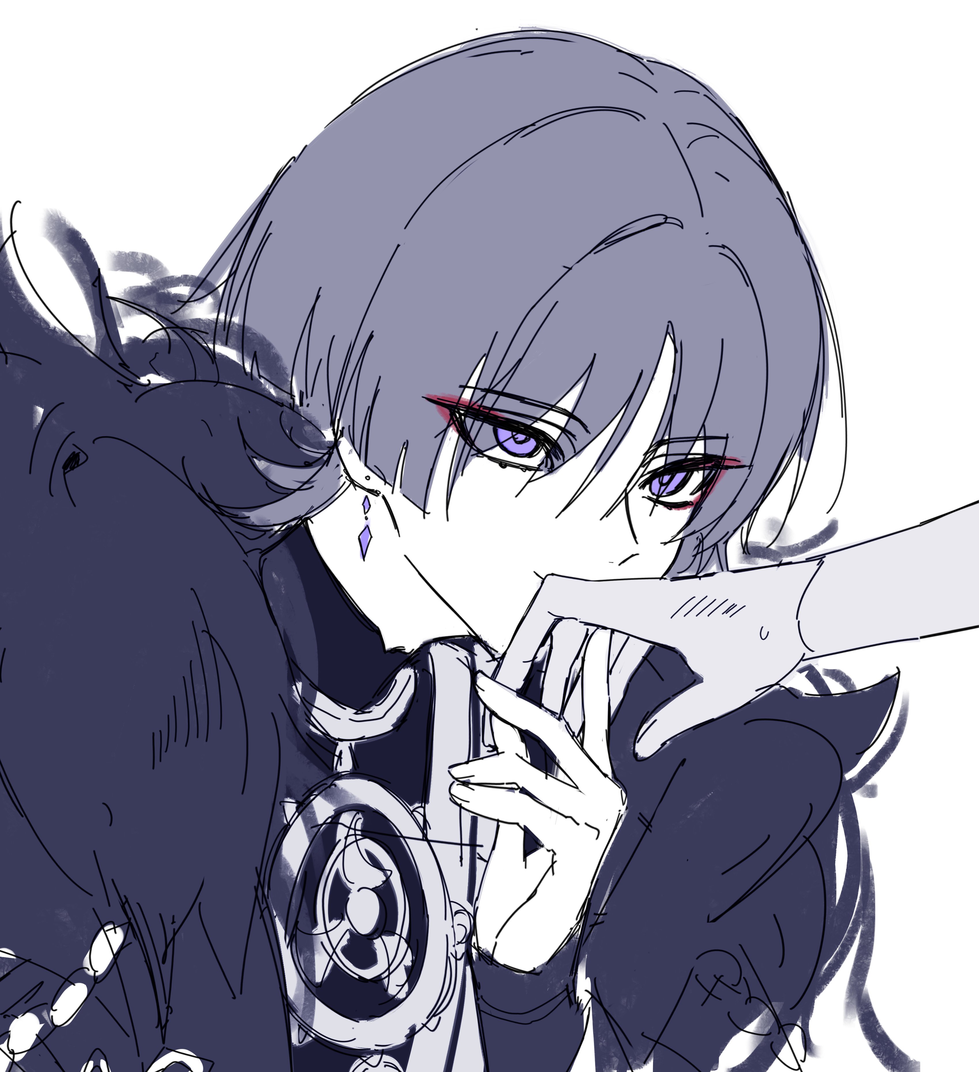miaoyeza233, scaramouche (genshin impact), genshin impact, absurdres, highres, 1boy, aiguillette, armor, blunt ends, coat, disembodied hand, eyeliner, eyeshadow, fatui coat, fur collar, greyscale, japanese armor, jewelry, kiss, kissing hand, kote, looking at another, makeup, male focus, mandarin collar, mitsudomoe (shape), monochrome, neck ring, open clothes, open coat, portrait, pov, pov hands, purple eyes, red eyeliner, red eyeshadow, sketch, solo, spot color, tomoe (symbol), tsurime, white background, wispy bangs