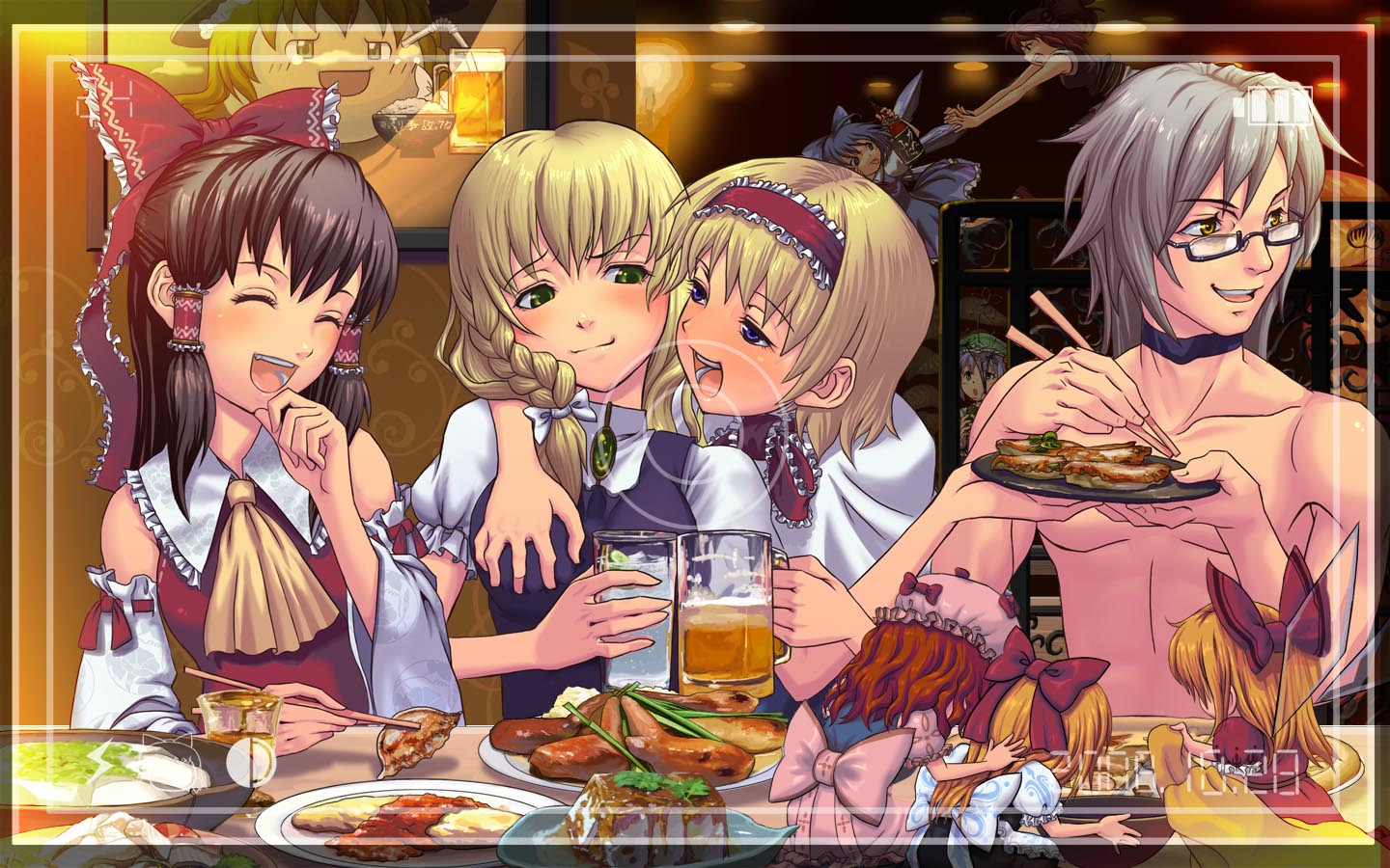shiroi karasu, alice margatroid, cirno, hakurei reimu, hourai doll, kawashiro nitori, kirisame marisa, mannosuke, morichika rinnosuke, onozuka komachi, shanghai doll, touhou, silver hair, jpeg artifacts, 1boy, 3girls, arm around shoulder, bare pectorals, blonde hair, breasts, brown hair, camera, doll, drink, drunk, female pervert, flying, food, glasses, grabbing another's breast, groping, hat, laughing, long hair, medium breasts, multiple girls, no headwear, nude, pectorals, pervert, photo (object), raised eyebrow, restaurant, ribbon, shiroi karasu (pixiv), short hair, toasting (gesture), topless male, viewfinder, wings, yukkuri shiteitte ne, yuri