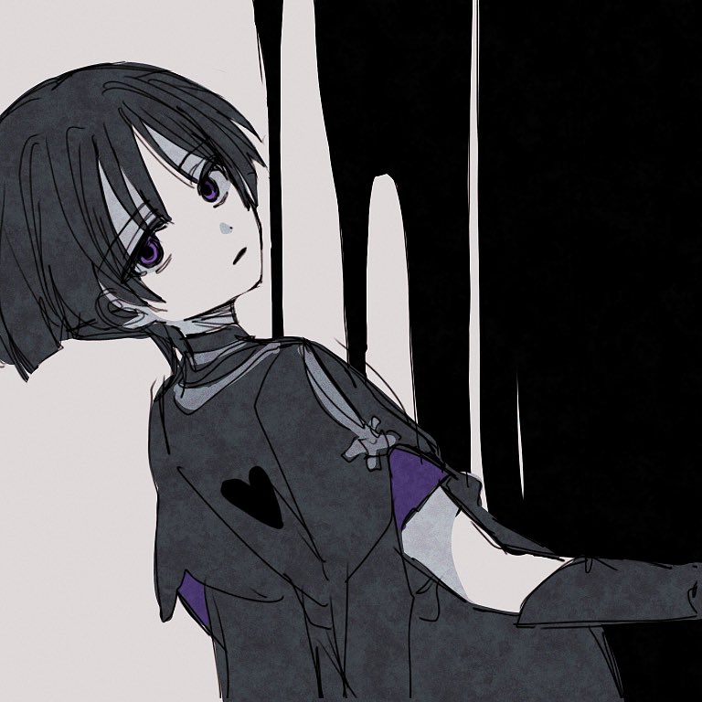 mxxu box, scaramouche (genshin impact), genshin impact, 1boy, armor, blunt ends, empty eyes, from behind, furisode, greyscale, heart, japanese armor, japanese clothes, jewelry, kimono, kote, layered sleeves, looking at viewer, looking back, male focus, monochrome, monochrome background, neck ring, parted lips, purple eyes, purple sleeves, short sleeves, sketch, solo, spot color, tsurime, wispy bangs