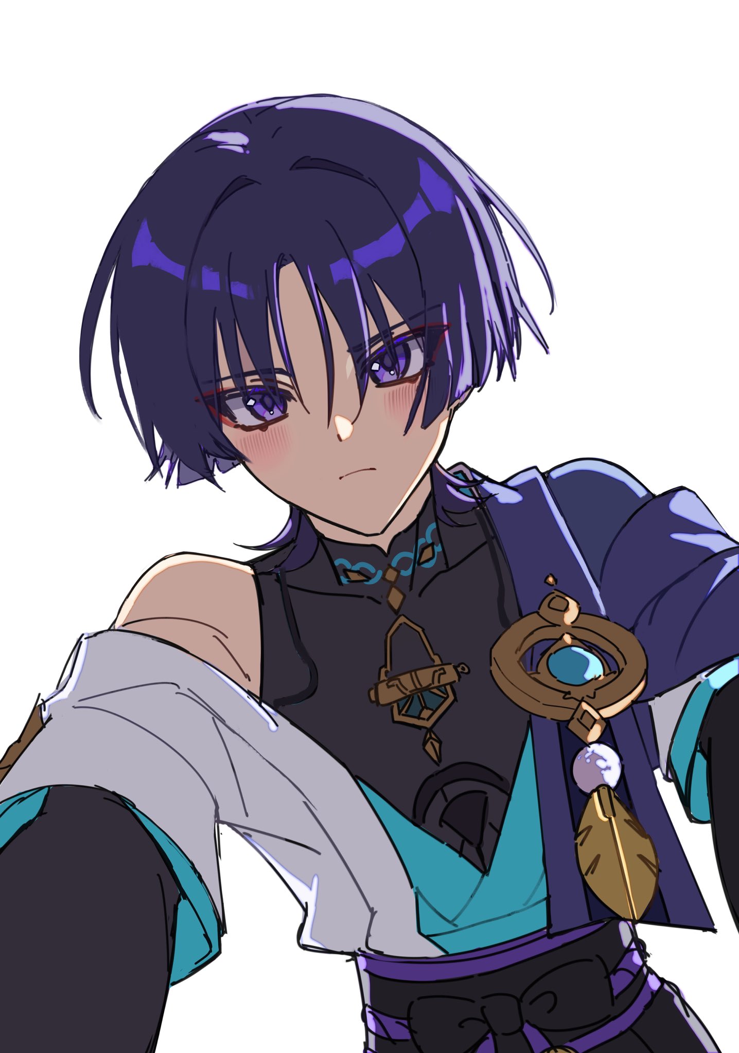 miaoyeza233, scaramouche (genshin impact), wanderer (genshin impact), genshin impact, highres, 1boy, belt, black belt, black bodysuit, black bow, blue gemstone, blue kimono, blue sleeves, blunt ends, blush, bodysuit, bow, cape, closed mouth, covered collarbone, eyeliner, eyeshadow, feathers, from below, gem, gold, japanese clothes, juban, kabedon on viewer, kimono, layered sleeves, looking at viewer, makeup, male focus, mandarin collar, open clothes, open kimono, pom pom (clothes), purple cape, purple eyes, purple hair, purple rope, purple sash, red eyeliner, red eyeshadow, rope, sash, short sleeves, single off shoulder, solo, tsurime, upper body, vision (genshin impact), white background, white kimono, white sleeves, wispy bangs, yellow feathers