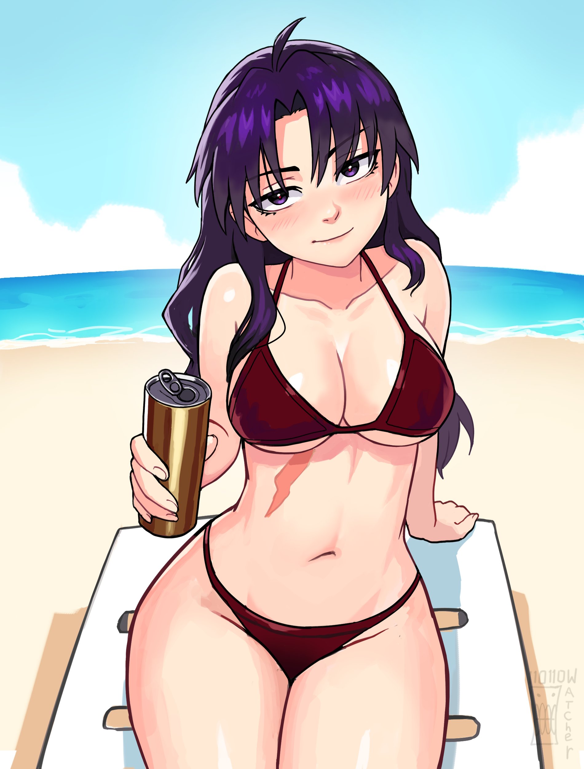 watcher hollow, katsuragi misato, neon genesis evangelion, absurdres, commentary, highres, 1girl, bare arms, bare shoulders, beach, bikini, blush, breasts, can, cleavage, collarbone, cowboy shot, day, drink can, holding, holding can, large breasts, long hair, looking at viewer, navel, outdoors, purple eyes, purple hair, red bikini, scar, scar on stomach, sitting, smile, solo, stomach, swimsuit