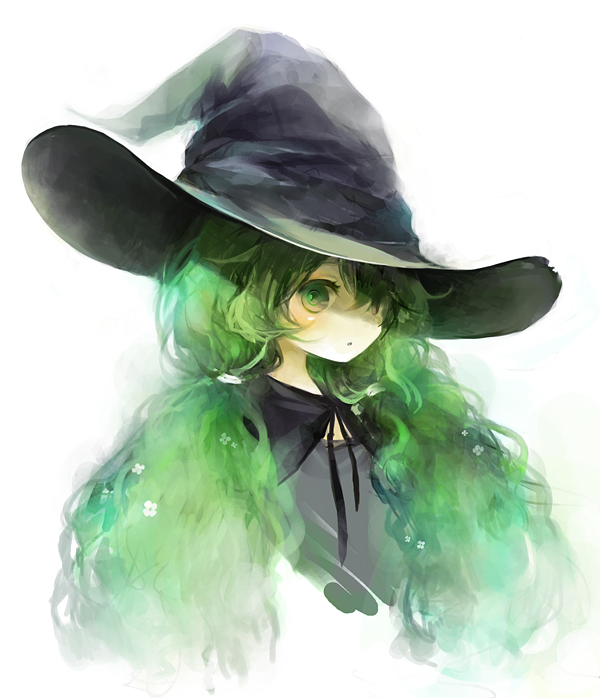 shimeko, bad id, bad pixiv id, 1girl, :o, female focus, flower, green eyes, green hair, hair over one eye, hat, long hair, matching hair/eyes, shimeshime, sketch, solo, twintails, upper body, very long hair, witch, witch hat