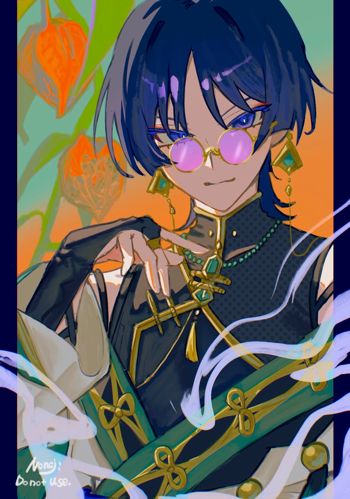 nonoji (nonoji ekaki), scaramouche (genshin impact), wanderer (genshin impact), genshin impact, highres, 1boy, alternate costume, aqua trim, artist name, bead necklace, beads, black bridal gauntlets, black hair, blunt ends, bridal gauntlets, chinese clothes, closed mouth, earrings, gold, gold pendant, gold ring, gold trim, hair intakes, hoyofair, jewelry, long sleeves, looking at viewer, male focus, mandarin collar, middle ring, necklace, off shoulder, plant, purple-tinted eyewear, purple eyes, robe, round eyewear, simple background, smoke, solo, spaghetti strap, tassel, tassel necklace, tinted eyewear, tsurime, upper body, wanderer (parallels meet) (genshin impact), white robe, white sleeves, wispy bangs, yellow-framed eyewear