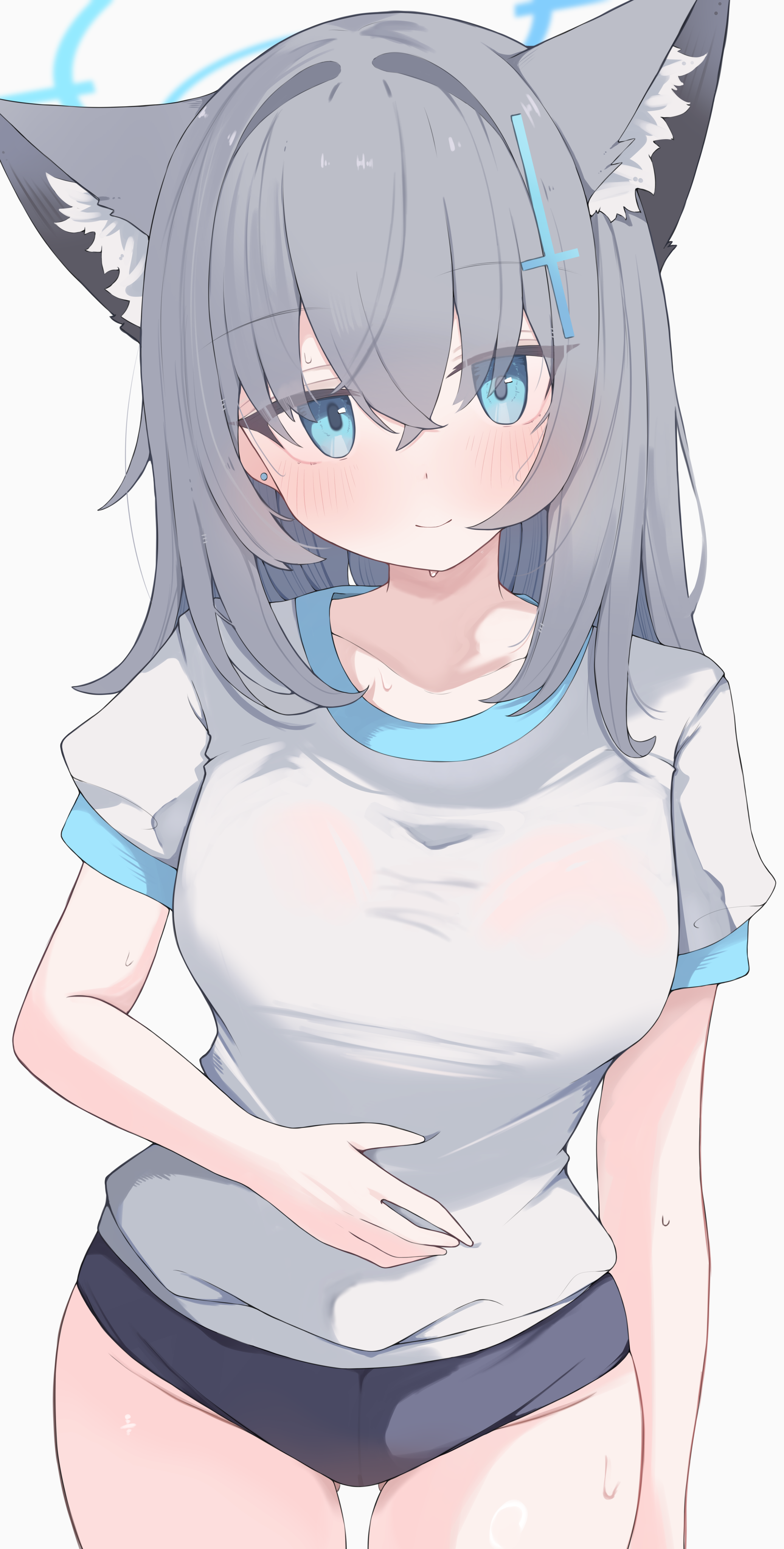 nui (nuinui0300), shiroko (blue archive), blue archive, absurdres, commentary, highres, variant set, 1girl, alternate breast size (larger), animal ear fluff, animal ears, blue buruma, blue halo, blush, breasts, buruma, closed mouth, collarbone, cowboy shot, cross, cross hair ornament, earrings, extra ears, gluteal fold, grey hair, groin, gym shirt, gym uniform, hair between eyes, hair ornament, halo, hand on own stomach, inverted cross, jewelry, large breasts, latin cross, long hair, looking at viewer, puffy short sleeves, puffy sleeves, shirt, short sleeves, simple background, smile, solo, stud earrings, sweat, thighs, white background, white shirt, wolf ears, wolf girl