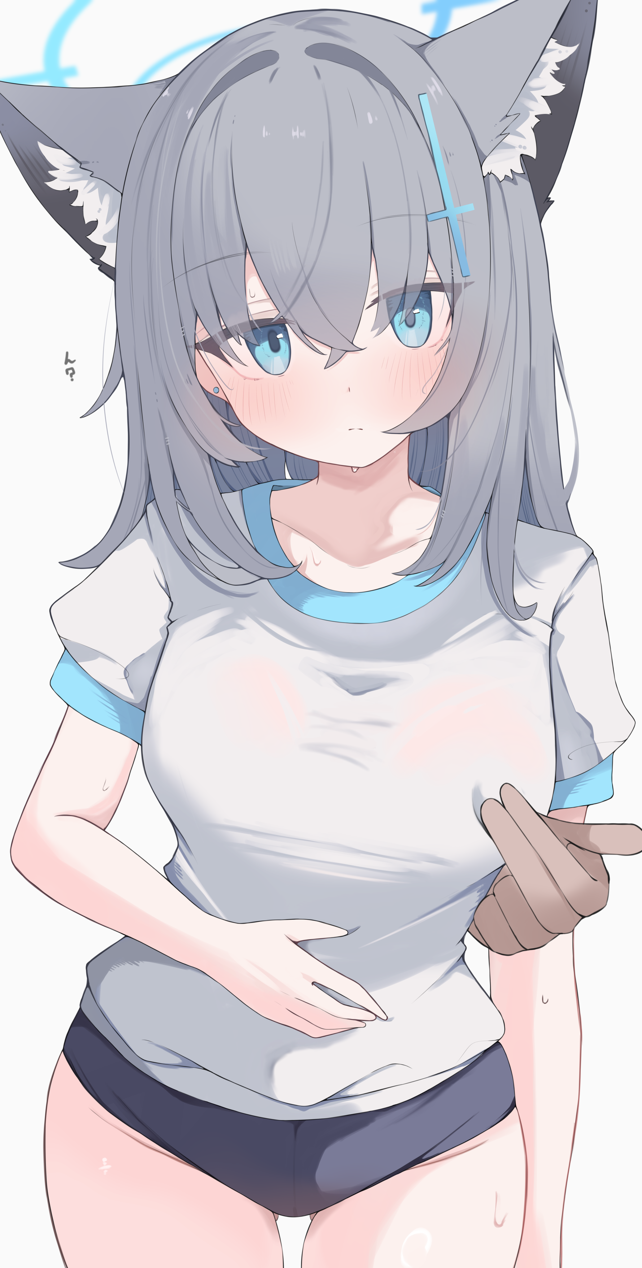 nui (nuinui0300), shiroko (blue archive), blue archive, absurdres, commentary, highres, variant set, 1boy, 1girl, alternate breast size (larger), animal ear fluff, animal ears, blue buruma, blue halo, blush, breasts, buruma, closed mouth, collarbone, cowboy shot, cross, cross hair ornament, earrings, extra ears, gluteal fold, grey hair, groin, gym shirt, gym uniform, hair between eyes, hair ornament, halo, hand on own stomach, hetero, inverted cross, jewelry, large breasts, latin cross, long hair, looking at viewer, nipple rub through clothes, puffy short sleeves, puffy sleeves, shirt, short sleeves, simple background, stud earrings, sweat, thighs, white background, white shirt, wolf ears, wolf girl