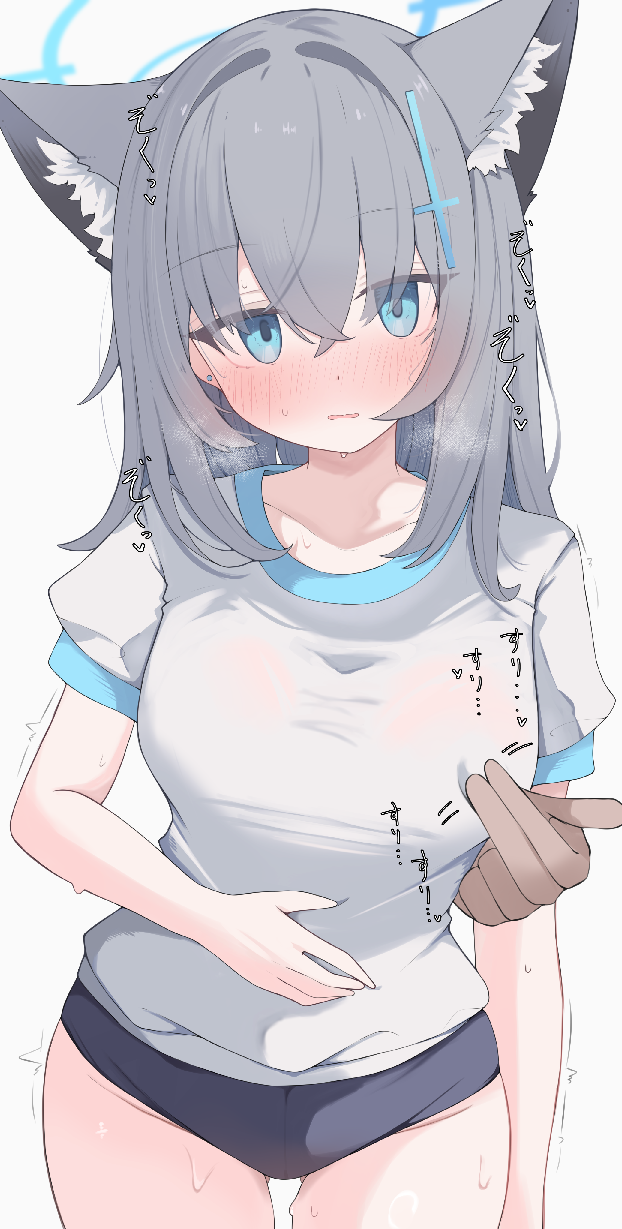 nui (nuinui0300), shiroko (blue archive), blue archive, absurdres, commentary, highres, variant set, 1boy, 1girl, alternate breast size (larger), animal ear fluff, animal ears, blue buruma, blue halo, blush, breasts, buruma, collarbone, cowboy shot, cross, cross hair ornament, earrings, extra ears, gluteal fold, grey hair, groin, gym shirt, gym uniform, hair between eyes, hair ornament, halo, hand on own stomach, hetero, inverted cross, jewelry, large breasts, latin cross, long hair, looking at viewer, nipple rub through clothes, nose blush, open mouth, puffy short sleeves, puffy sleeves, shirt, short sleeves, simple background, stud earrings, sweat, thighs, white background, white shirt, wolf ears, wolf girl