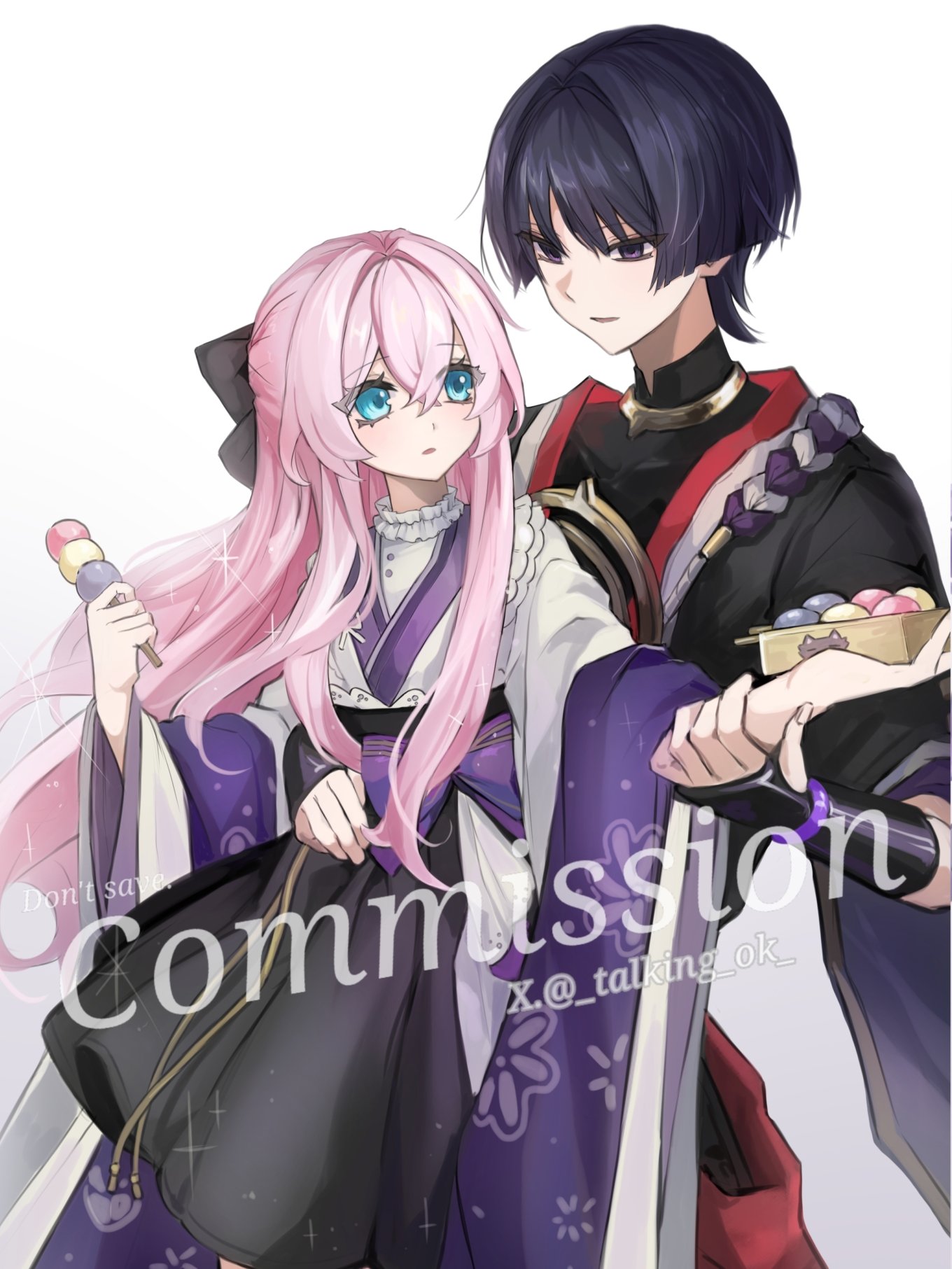 talking ok, scaramouche (cat) (genshin impact), scaramouche (genshin impact), genshin impact, original, clothing request, commission, food request, highres, 1boy, 1girl, animal print, armor, behind another, black bodysuit, black bow, black hair, black kimono, black skirt, black sleeves, blue eyes, blunt ends, bodysuit, bow, cat print, collar, couple, crossed bangs, drawstring, empty eyes, eyelashes, fingernails, floral print sleeves, food, frilled collar, frills, gold, grey trim, hair between eyes, hair bow, hair intakes, hair pulled back, hands up, hetero, holding, holding another's arm, holding food, holding skewer, holding tray, japanese armor, japanese clothes, jewelry, juban, kimono, kote, kurokote, layered sleeves, long hair, long sidelocks, mandarin collar, neck ring, oc x canon, parted lips, pink hair, purple eyes, purple rope, purple sleeves, red kimono, rope, shimenawa, short sleeves, sidelocks, skewer, skirt, smile, sparkle, tray, tsurime, twitter username, watermark, white background, white collar, white kimono, white rope, white sleeves, wide sleeves, wispy bangs