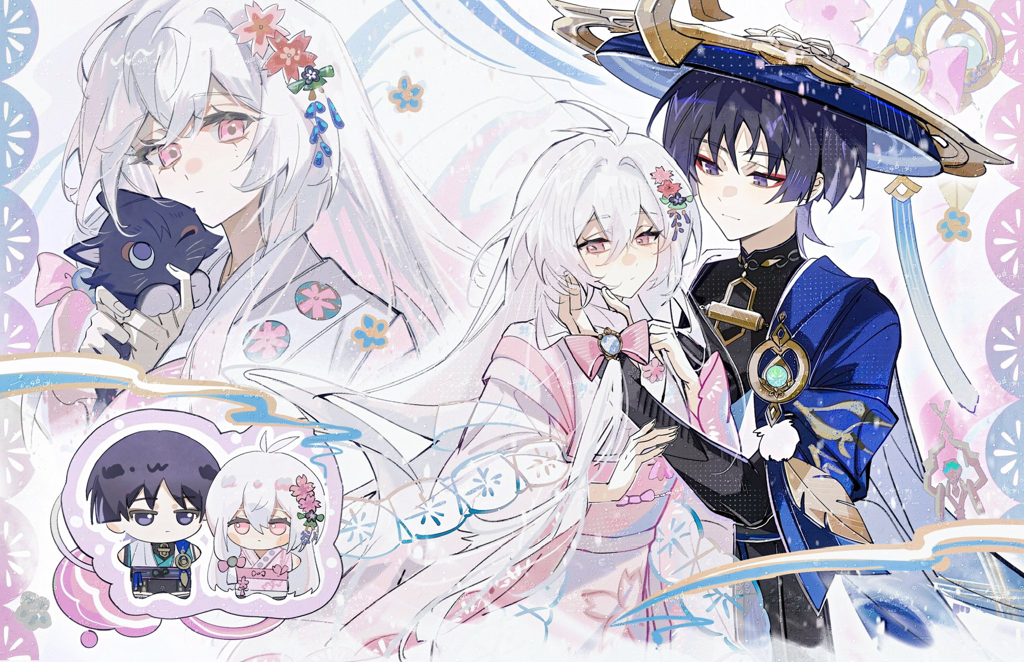 scaramouche (cat) (genshin impact), scaramouche (genshin impact), wanderer (genshin impact), genshin impact, original, artist request, commission, highres, second-party source, 1boy, 1girl, animal, animalization, antenna hair, averting eyes, black bodysuit, black cat, black shorts, blue cape, blue gemstone, blue hat, blunt ends, bodysuit, bow, cape, cat, chibi, chibi inset, closed mouth, commissioner insert, couple, cryo symbol (genshin impact), eyelashes, eyeliner, eyeshadow, feathers, fingernails, floral print, floral print kimono, flower, furisode, gem, gold, gold trim, green gemstone, hair bow, hair flower, hair ornament, hakama, hakama shorts, hand in another's hair, hand on another's arm, hat, hayami momo (hayamimomo), hetero, holding, holding animal, holding cat, holding own hair, japanese clothes, jingasa, kimono, long hair, long sidelocks, looking at another, looking at hand, looking at viewer, makeup, mandarin collar, mole, mole under eye, obi, obiage, oc x canon, person and animalization, pink bow, pink eyes, pink flower, pink trim, playing with another's hair, pleated shorts, pom pom (clothes), print kimono, red eyeliner, red eyeshadow, sash, shorts, sidelocks, tasuki, tsurime, very long hair, watermark, watermark grid, white hair, white kimono, wide sleeves, wispy bangs, yellow feathers, yukata