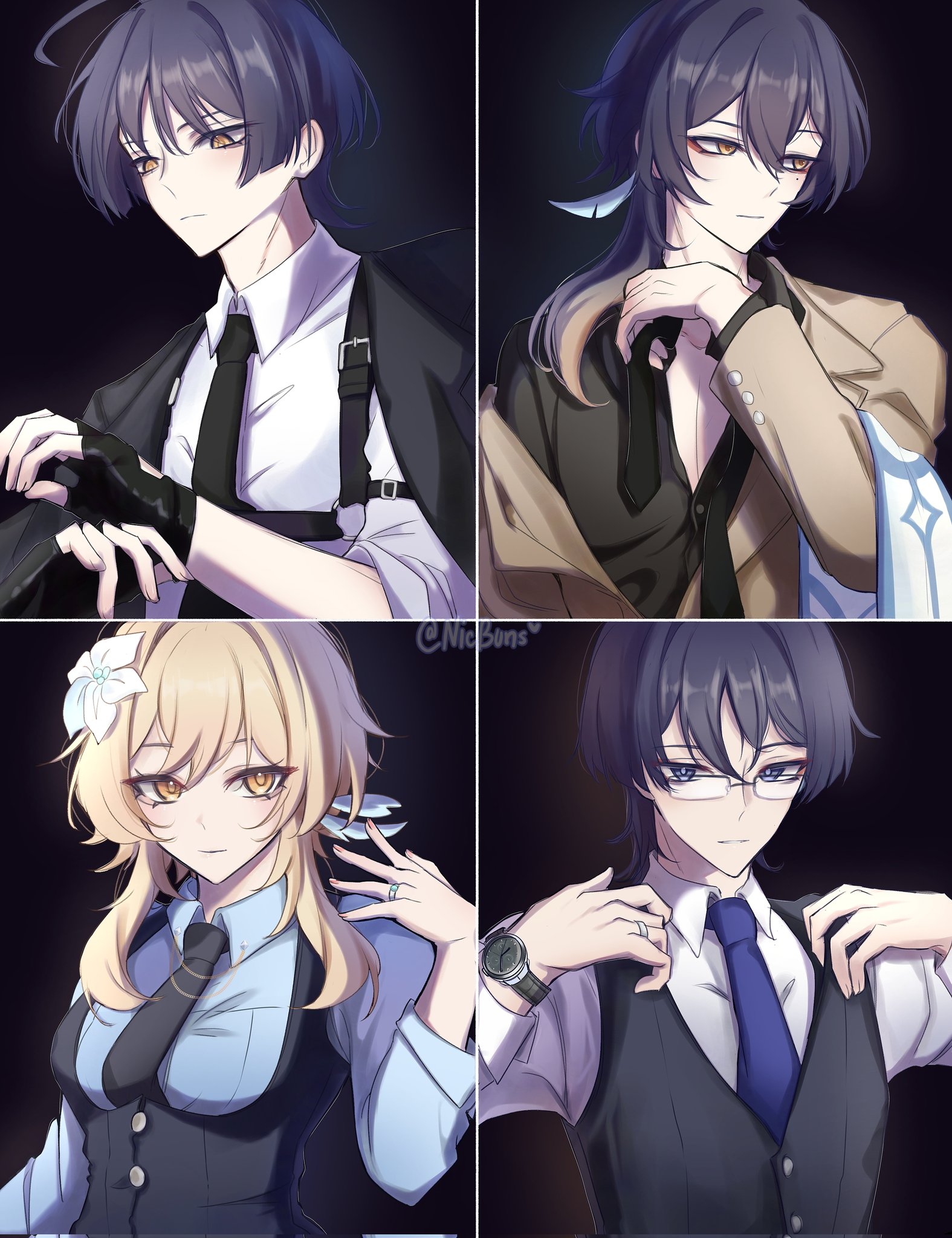 nicbuns, lumine (genshin impact), scaramouche (genshin impact), genshin impact, original, highres, 1girl, 3boys, ahoge, alternate costume, alternate universe, arm at side, aura, bespectacled, black background, black gloves, black jacket, black necktie, black shirt, black suit, black vest, blonde hair, blue shirt, blue sleeves, blue trim, blunt ends, brown jacket, brown sleeves, brown suit, chest harness, closed mouth, collared shirt, colored tips, contemporary, eyelashes, eyeliner, eyeshadow, family, feather hair ornament, feathers, fingerless gloves, fingernails, flower, formal clothes, glasses, gloves, grey eyes, grey pupils, hair between eyes, hair flower, hair ornament, hand up, harness, if they mated, jacket, jacket on shoulders, jewelry, layered sleeves, long sleeves, looking at hands, looking at viewer, looking to the side, loose hair strand, makeup, mole, mole under eye, multicolored hair, multiple boys, necktie, open hand, open hands, parted lips, partially unbuttoned, pectoral cleavage, pectorals, purple necktie, rectangular eyewear, red eyeliner, red eyeshadow, ring, scarf, shirt, short hair, short hair with long locks, sidelocks, sleeves rolled up, smile, suit, suit jacket, tsurime, twitter username, underbust, undershirt, vest, watch, wedding ring, white feathers, white flower, white mouth, white scarf, white shirt, white sleeves, wispy bangs, wristwatch, yellow eyes