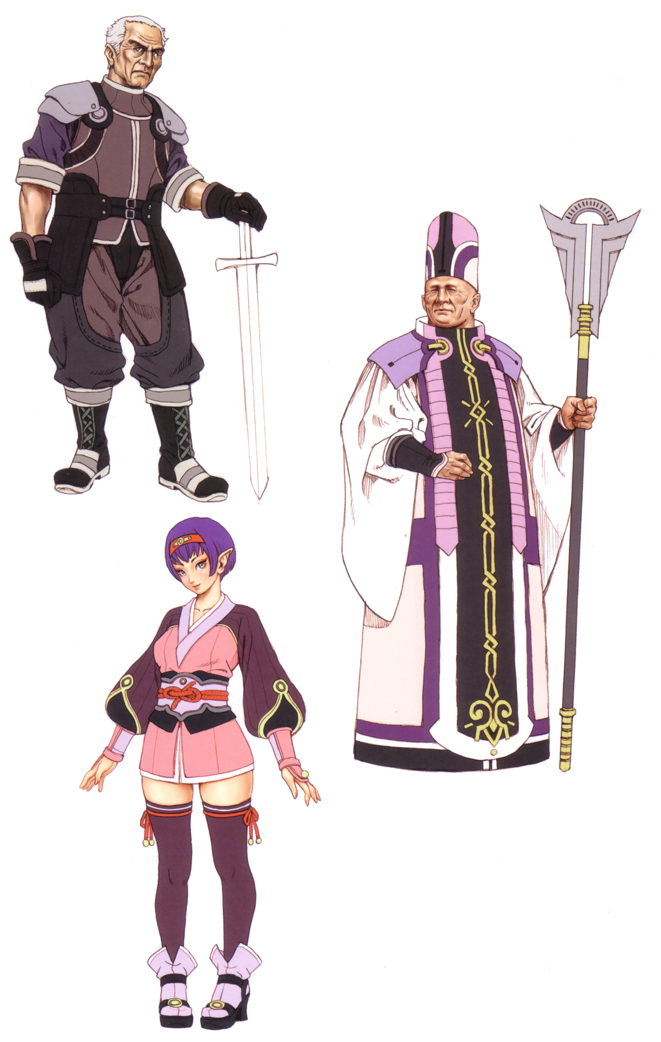 yamashita shun'ya, wild flower, absurdres, highres, 1girl, 2boys, green eyes, hairband, hat, multiple boys, old, old man, pointy ears, purple hair, short hair, staff, sword, thighhighs, weapon