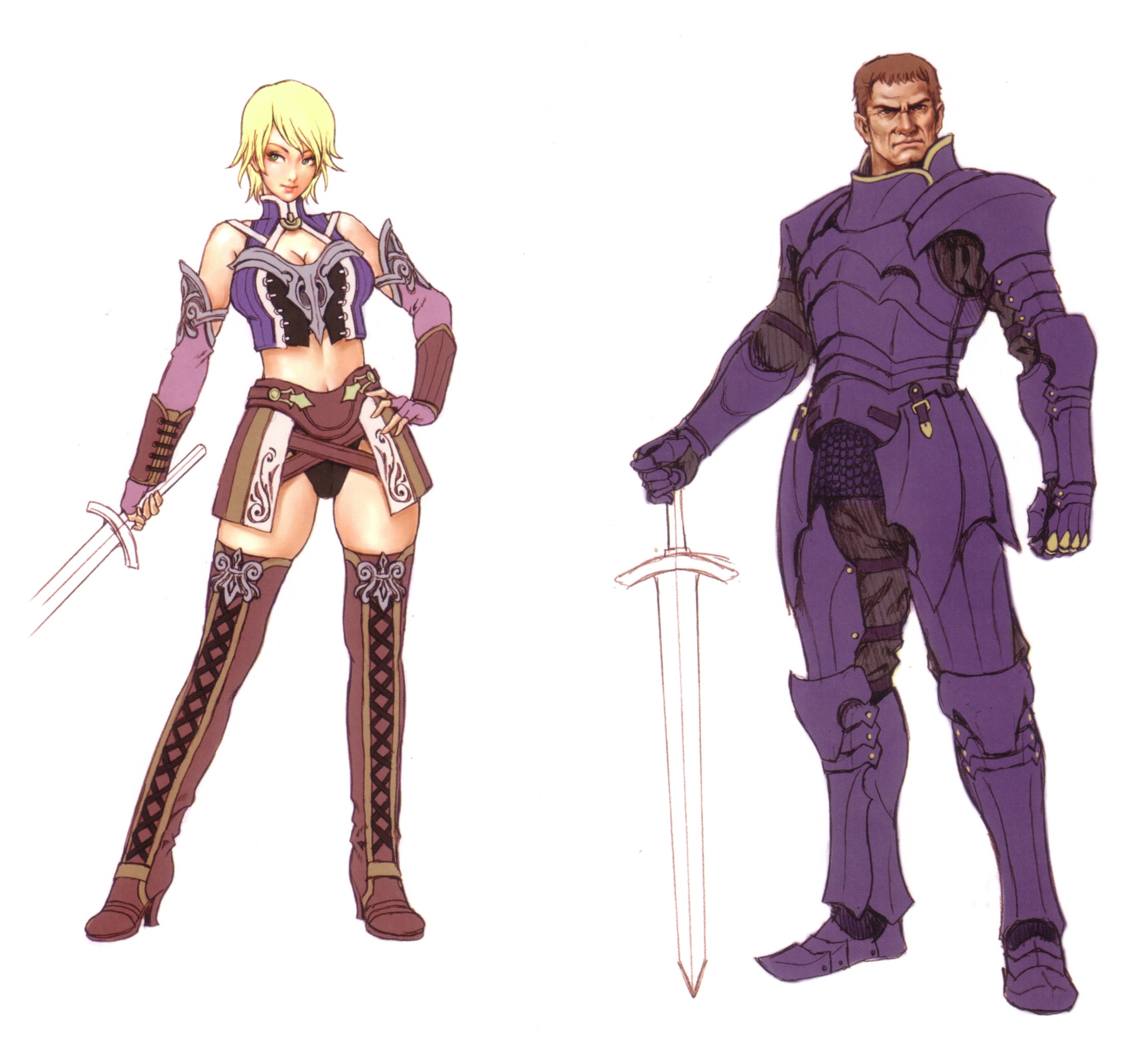 yamashita shun'ya, wild flower, highres, 1boy, 1girl, armor, blonde hair, boots, breasts, cleavage, green eyes, hand on own hip, medium breasts, midriff, short hair, simple background, sword, thighhighs, weapon, white background