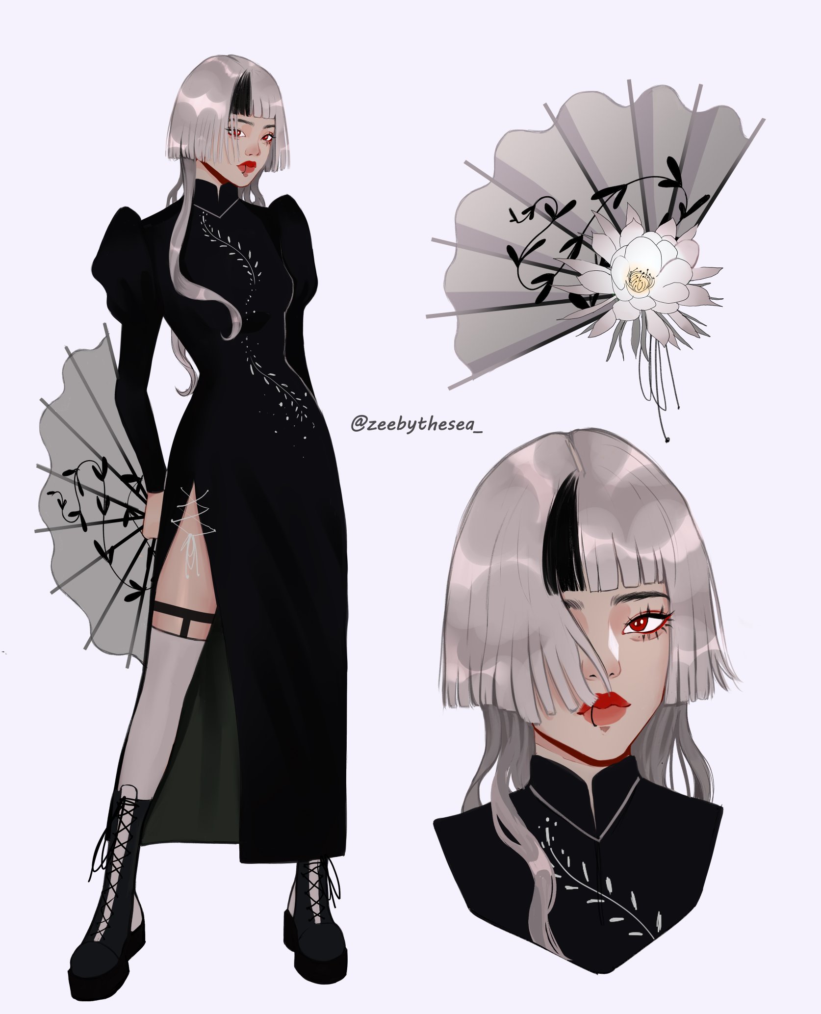 zeebythesea, original, highres, 1girl, aegyo sal, arms behind back, asian, black boots, black dress, black hair, bob cut, boots, china dress, chinese clothes, dress, eyelashes, face piercing, fashion, floating hair, flower, hair over breasts, hair over one breast, hair over one eye, hand fan, holding, holding fan, jellyfish cut, juliet sleeves, kira (zeebythesea), leaf print, lip piercing, long dress, long hair, long sleeves, lotus, mandarin collar, multicolored hair, piercing, portrait, puffy sleeves, red eyes, reference sheet, ring piercing, side slit, streaked hair, thick eyebrows, thick lips, thigh strap, thighhighs, twitter username, two-tone hair, wavy ends, white background, white hair, white thighhighs