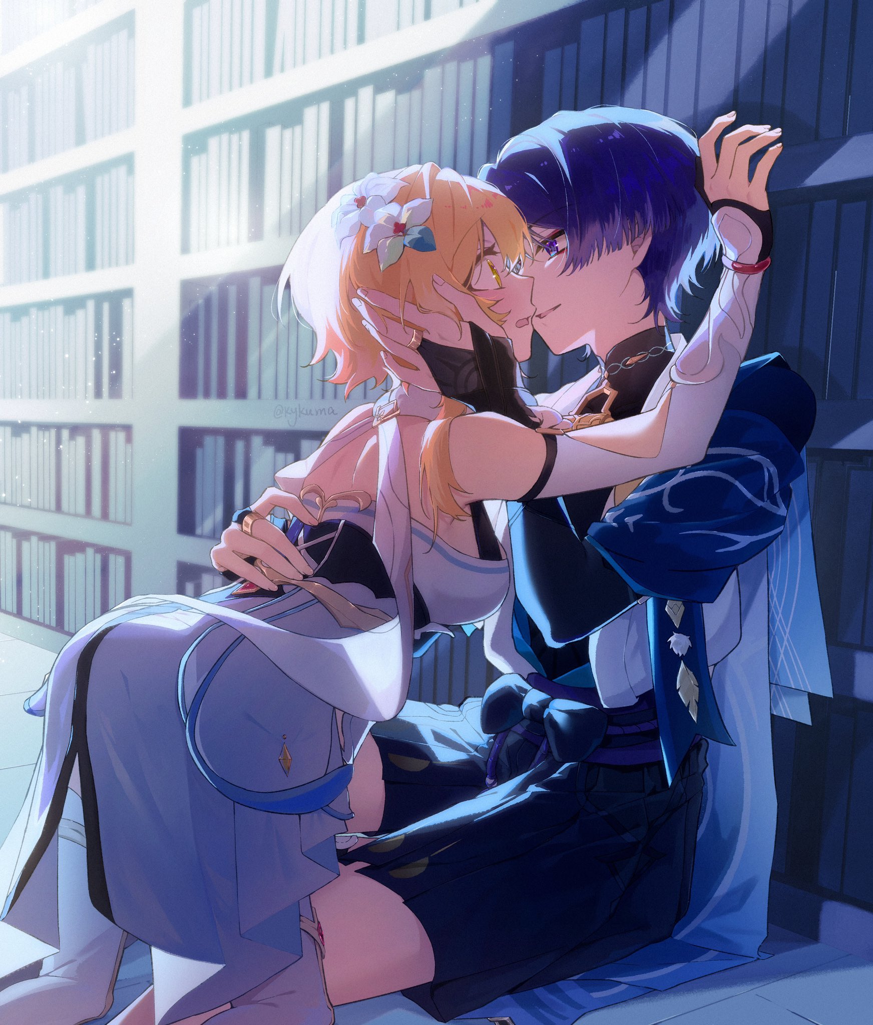 kykuma4, lumine (genshin impact), scaramouche (genshin impact), wanderer (genshin impact), genshin impact, highres, 1boy, 1girl, against bookshelf, aqua flower, arm up, armor, belt, bent over, black belt, black bodysuit, black bow, black bridal gauntlets, black corset, black shorts, blonde hair, blue cape, blue kimono, blue trim, blunt ends, blush, bodysuit, bookshelf, bow, breasts, bridal gauntlets, cape, corset, cross-laced clothes, cross-laced corset, dress, embarrassed, eye contact, eyeliner, eyeshadow, face-to-face, fingernails, flower, furisode, girl on top, gold ring, hair flower, hair ornament, hakama, hakama shorts, halterneck, hand in another's hair, hand on another's back, hetero, imminent kiss, indoors, japanese armor, japanese clothes, juban, kabedon, kimono, kote, kurokote, large breasts, light particles, looking at another, makeup, mandarin collar, middle ring, multicolored flower, open clothes, open hand, open kimono, open mouth, pleated shorts, purple eyes, purple hair, purple rope, purple sash, red eyeliner, red eyeshadow, rope, sash, short hair, short hair with long locks, shorts, shoulder blades, sideboob, sidelocks, sitting, tareme, thighhighs, tsurime, twitter username, white dress, white flower, white kimono, white thighhighs, white trim, wide-eyed, yellow eyes