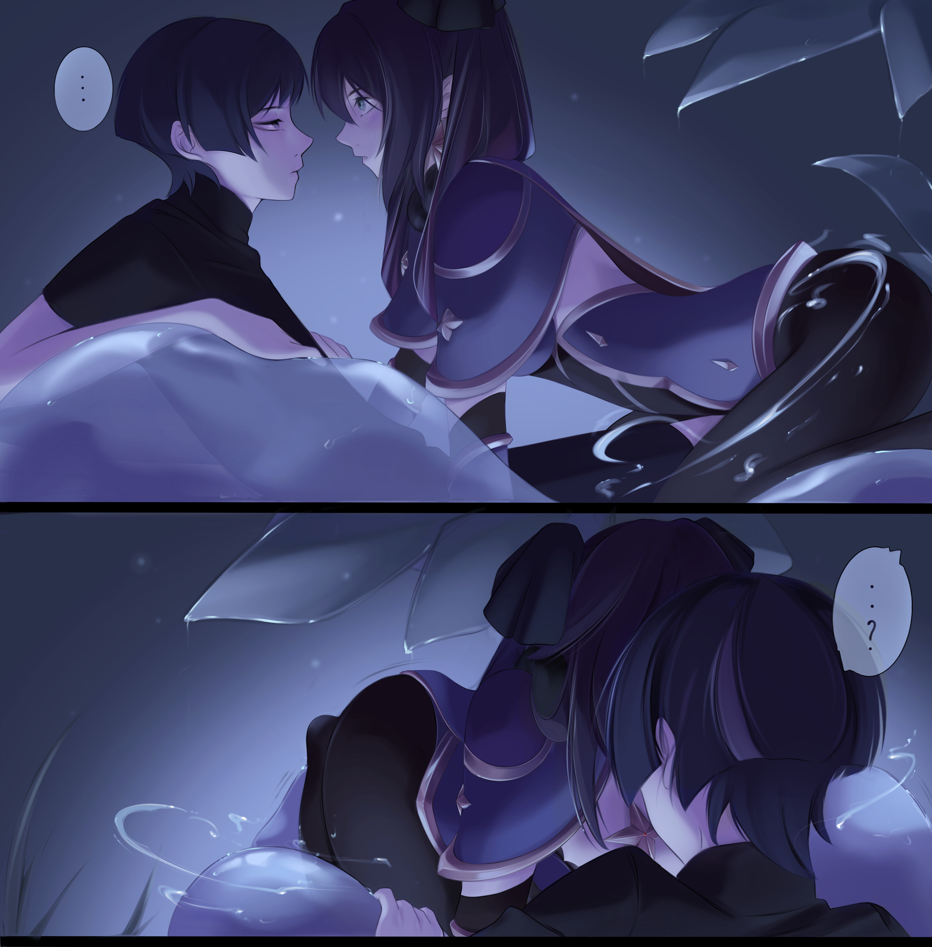 byyou all, mona (genshin impact), scaramouche (genshin impact), genshin impact, absurdres, highres, …, 1boy, 1girl, ?, all fours, aqua eyes, black bow, black hair, black pantyhose, black shirt, black sleeves, blunt ends, bodystocking, bow, cape, closed mouth, couple, detached sleeves, earrings, elbow gloves, from behind, from side, girl on top, gloves, gold, gold trim, grass, grey background, grey eyes, hair bow, half-closed eyes, hetero, highleg, highleg leotard, jewelry, leaning back, leaning forward, leaning on person, leotard, long hair, looking at another, multiple views, on water, pantyhose, parted lips, plant, profile, purple leotard, purple sleeves, red cape, sequential, shirt, short sleeves, split screen, spoken ellipsis, spoken question mark, star (symbol), star earrings, star pendant, twintails, water