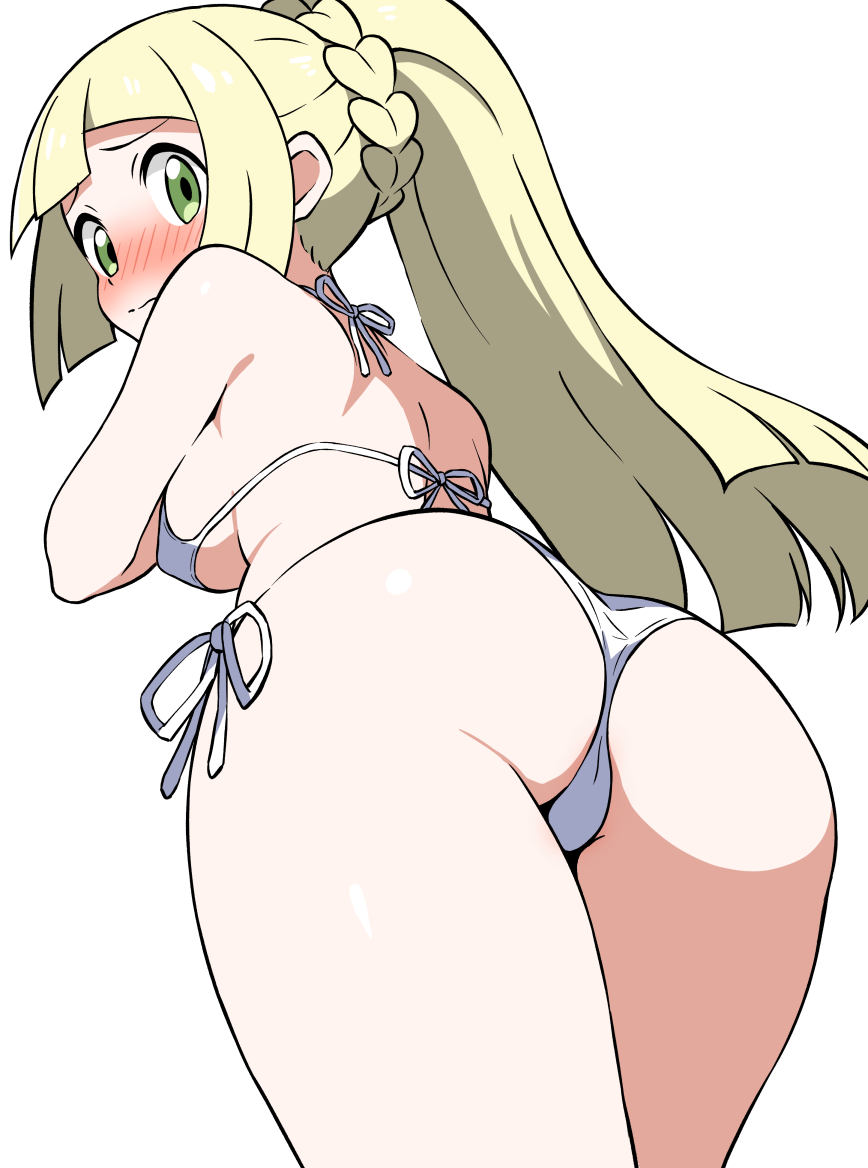 ecgg (tsuji418477), lillie (pokemon), nintendo, pokemon, pokemon sm, paid reward available, 1girl, ass, ass focus, bikini, blonde hair, blush, braid, breasts, close-up, closed mouth, covered erect nipples, cowboy shot, embarrassed, female focus, high ponytail, leaning forward, long hair, looking at viewer, looking back, ponytail, side-tie bikini bottom, sideboob, sidelocks, simple background, small breasts, solo, standing, swimsuit, underboob, wavy mouth, white background, white bikini