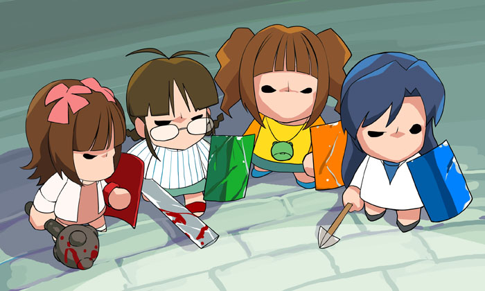 a1 (initial-g), akizuki ritsuko, amami haruka, kisaragi chihaya, takatsuki yayoi, castle crashers, idolmaster, idolmaster (classic), idolmaster 1, 4girls, blood, blue hair, brown hair, chibi, glasses, long hair, multiple girls, parody, shield, short hair, twintails, weapon