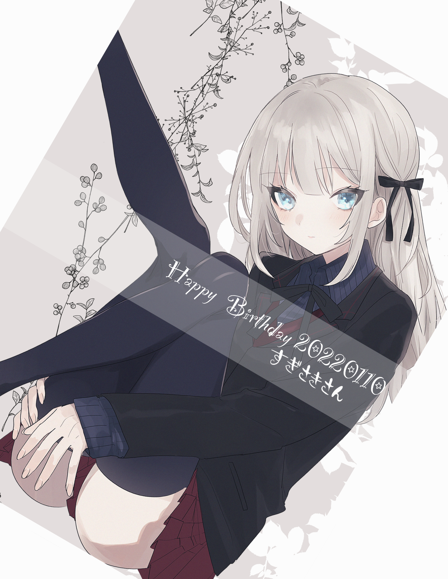 eurasia (wtp09ptw14), original, commentary request, highres, 1girl, black jacket, black ribbon, black thighhighs, blue eyes, choppy bangs, closed mouth, dated, grey background, grey hair, hair ribbon, happy birthday, jacket, knee up, leg up, long hair, long sleeves, looking at viewer, miniskirt, neck ribbon, red skirt, ribbon, sitting, skirt, sleeves past wrists, solo, thighhighs