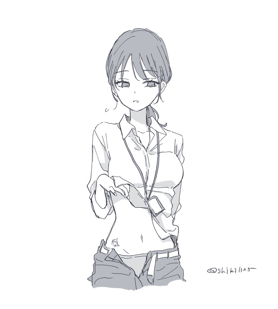 female sensei (blue archive), sensei (blue archive), blue archive, commentary request, 1girl, :o, breasts, clothes lift, cropped legs, dress shirt, fingernails, greyscale, lanyard, lifting own clothes, medium breasts, monochrome, navel, open collar, open pants, panties, pants, ponytail, scar on hip, shiki1125, shirt, shirt lift, simple background, solo, stomach, twitter username, underwear, white background