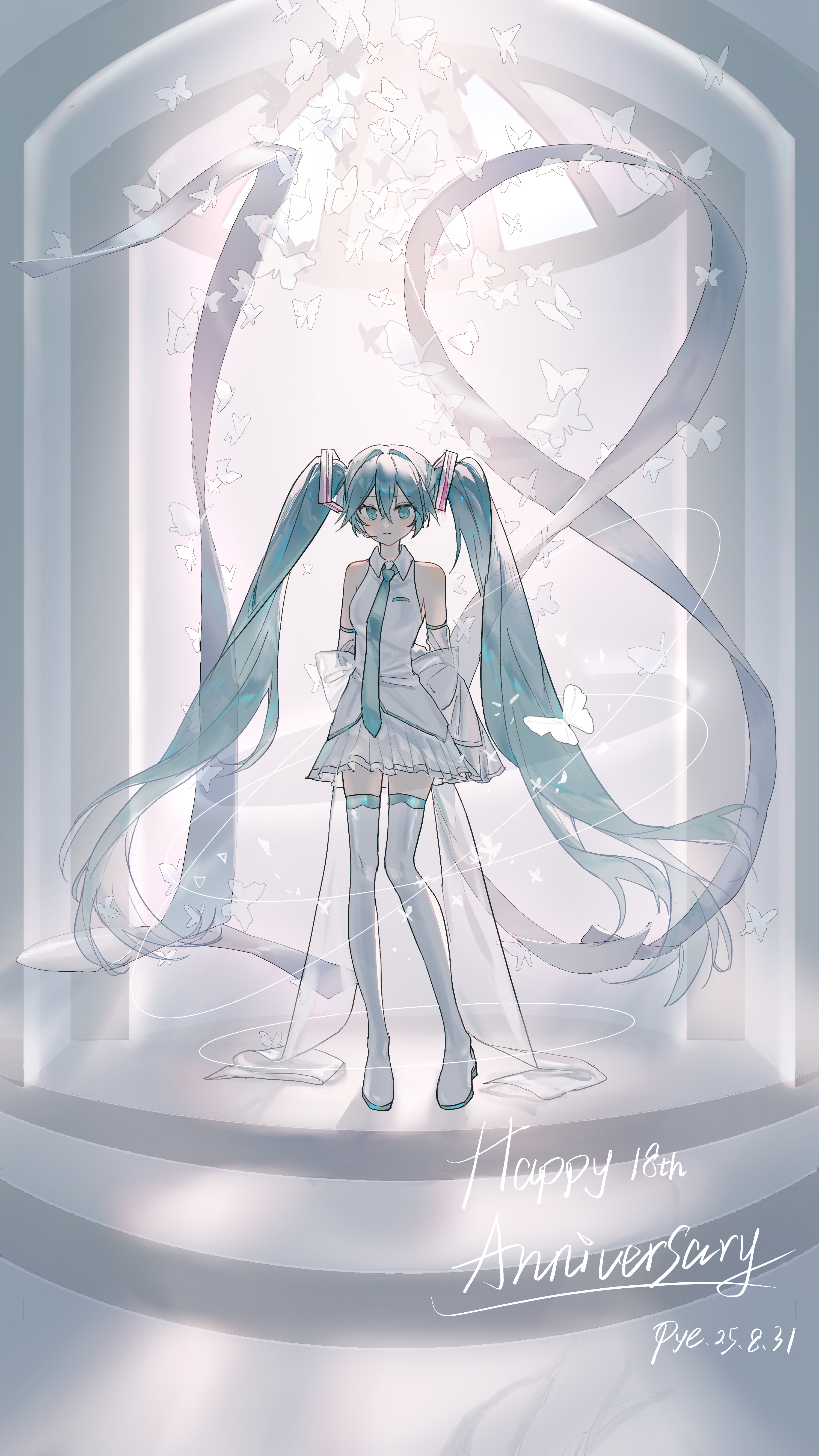 pye yyy, hatsune miku, vocaloid, absurdres, commentary, english commentary, highres, 1girl, absurdly long hair, anniversary, aqua eyes, aqua hair, aqua necktie, boots, collared shirt, dated, detached sleeves, full body, hair between eyes, hair ornament, happy anniversary, headset, long hair, long sleeves, necktie, shirt, skirt, sleeveless, sleeveless shirt, smile, solo, standing, thigh boots, twintails, very long hair, white shirt, white skirt