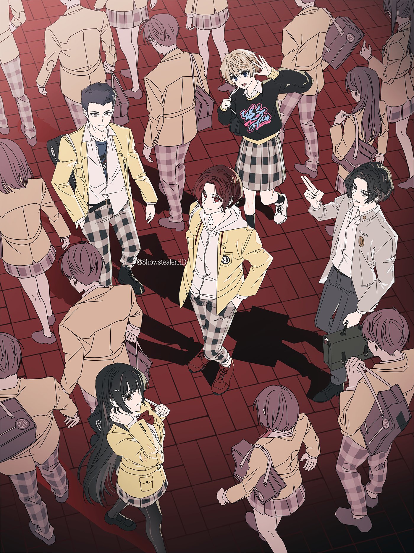 arai motoha, ikenami shouki, kanou shun, tanemura riko, persona, persona 5, persona 5: the phantom x, commentary request, hashtag-only commentary, highres, korean commentary, 2girls, 3boys, bag, black hair, black pantyhose, black shoes, black socks, black sweater, blonde hair, crowd, foot out of frame, from above, full body, hand in own hair, hand up, holding, holding bag, hood, hoodie, jacket, kamishiro nagisa, looking at viewer, looking up, multiple boys, multiple girls, pants, pantyhose, people, plaid clothes, plaid pants, plaid skirt, red eyes, red hair, red shoes, school uniform, shadow, shirt, shoes, short hair, showstealerhd, skirt, socks, standing, sweater, twitter username, walking, white hoodie, white jacket, white shirt, white shoes, yellow jacket