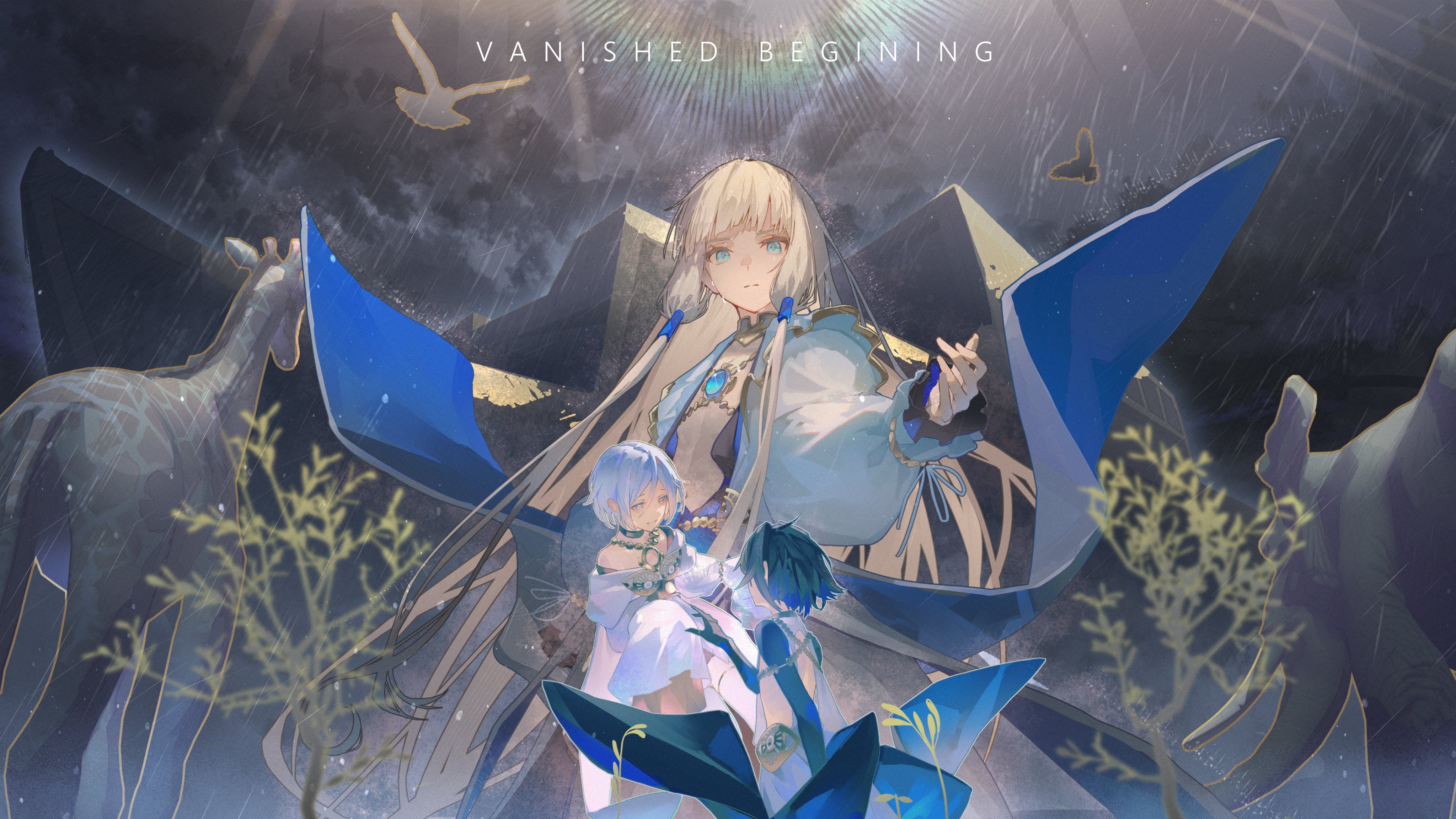 kamome umitsuki, dove (fate), noah (fate), raven (fate), fate/grand order, fate (series), absurdres, highres, 3boys, bare shoulders, belly chain, bird, black hair, black robe, black shirt, black shrug, blonde hair, blue hair, boat, brooch, center opening, choker, elephant, giraffe, gold trim, green eyes, grey eyes, grey hair, hair between eyes, hair intakes, jewelry, long hair, long sleeves, looking at viewer, multicolored hair, multiple boys, navel, neck ring, necklace, parted bangs, pink hair, ring, robe, sash, shirt, short hair, shrug (clothing), sleeves past fingers, sleeves past wrists, smile, two-tone hair, very long hair, watercraft, white robe, white shirt, white sleeves