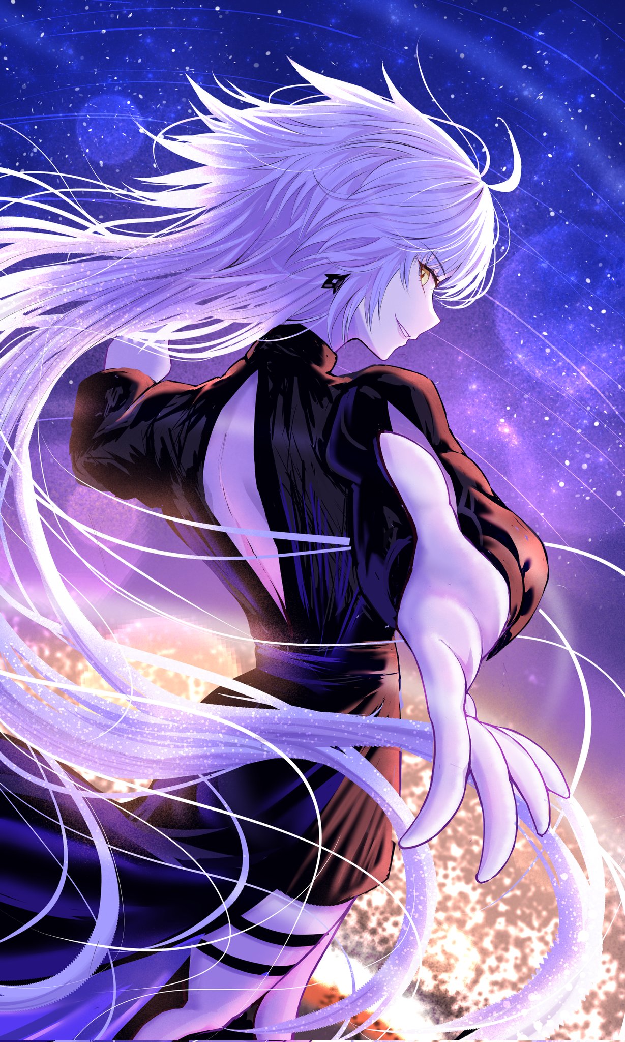 penguintake, jeanne d'arc alter (fate), jeanne d'arc alter (flames of applause) (fate), fate/grand order, fate (series), highres, 1girl, ahoge, back cutout, black dress, breasts, clothing cutout, dress, grey hair, grin, large breasts, long hair, long sleeves, looking at viewer, looking back, night, night sky, sky, smile, solo, star (sky), starry sky, thigh strap, thighs, very long hair, yellow eyes