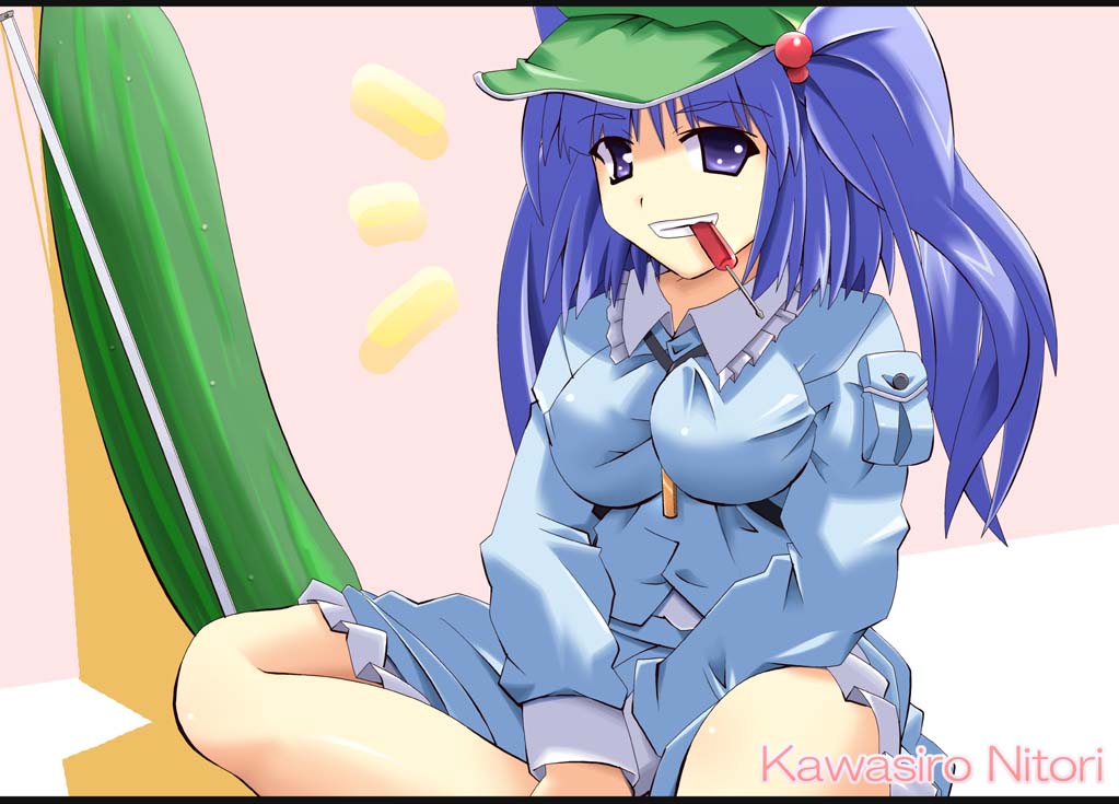 shin'ya (nanp), kawashiro nitori, touhou, 1girl, bag, blue hair, female focus, hair bobbles, hair ornament, hat, short hair, solo, two side up