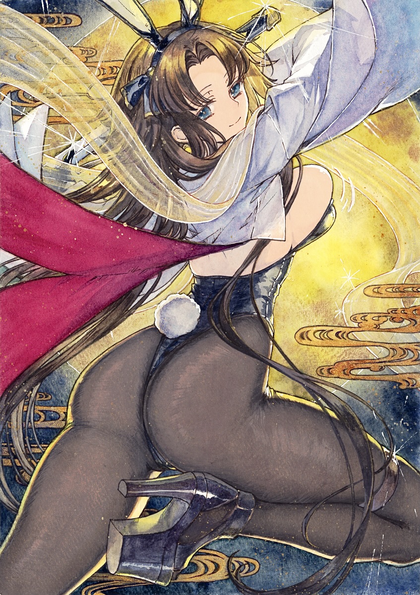 chikinan tarou, ryougi shiki, ryougi shiki (swimsuit mooncancer) (third ascension), fate/grand order, fate (series), highres, painting (medium), traditional media, watercolor (medium), 1girl, animal ears, ass, black gloves, black leotard, blue eyes, bow, bowtie, breasts, brown hair, brown pantyhose, fake animal ears, gloves, high heels, highleg, highleg leotard, katana, large breasts, leotard, long hair, long sleeves, looking at viewer, looking back, pantyhose, parted bangs, playboy bunny, rabbit ears, rabbit tail, sash, shrug (clothing), smile, solo, sword, tail, thighs, very long hair, weapon, white shrug, wide sleeves