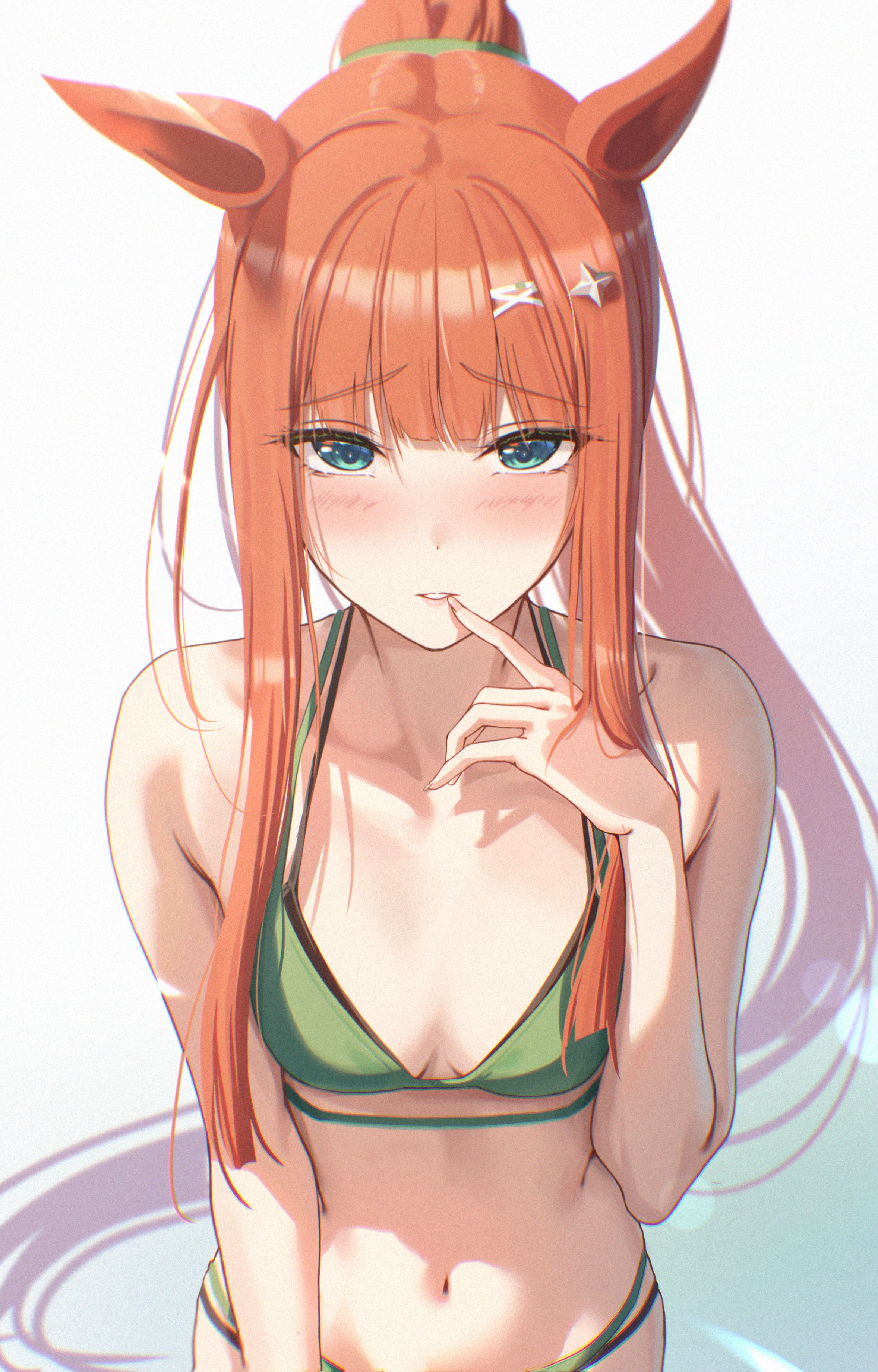 kimchi (user mpzz8457), silence suzuka (umamusume), umamusume, absurdres, highres, 1girl, animal ears, bikini, blue eyes, blunt bangs, blush, breasts, finger to mouth, green bikini, horse ears, horse girl, long hair, looking at viewer, navel, orange hair, parted lips, ponytail, sidelocks, smile, solo, stomach, swimsuit