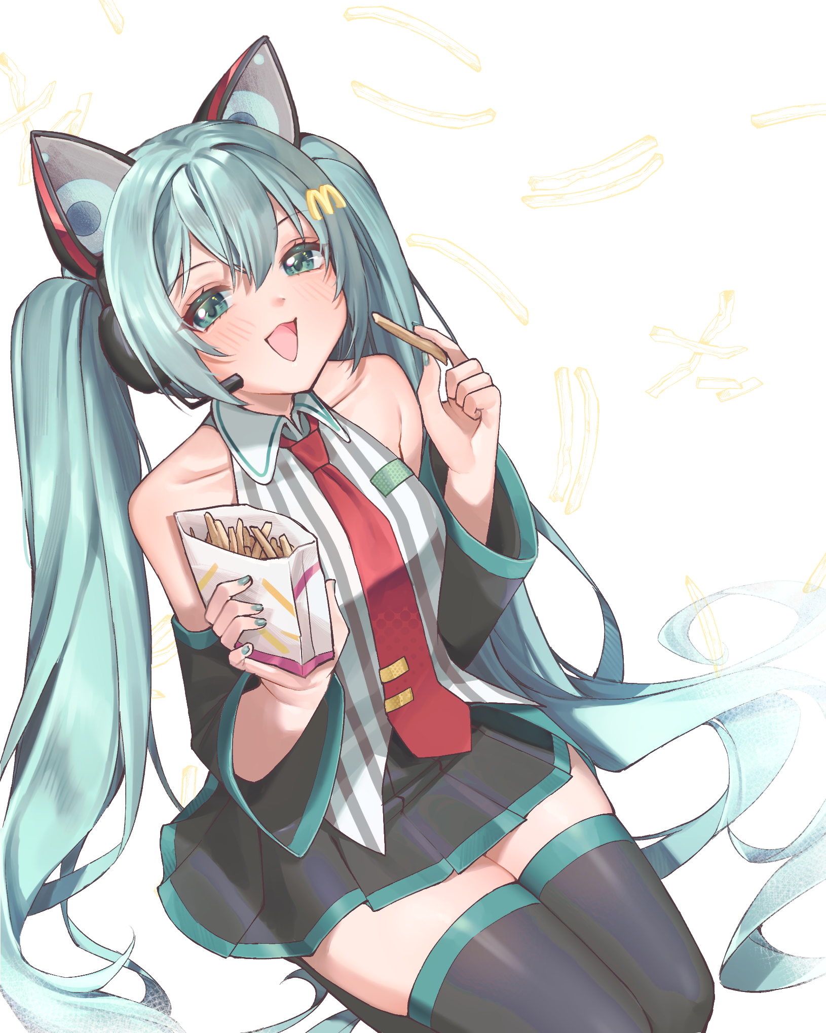 chami (charming621), hatsune miku, shakacat, mcdonald's, vocaloid, commentary, highres, 1girl, animal ear headphones, animal ears, aqua eyes, aqua hair, aqua nails, aqua trim, bag, bag of chips, black skirt, blush, breasts, chips (food), collarbone, collared shirt, detached sleeves, fake animal ears, food, hair between eyes, hair ornament, headphones, headset, holding, holding bag, holding food, long hair, long sleeves, looking at viewer, medium breasts, necktie, open mouth, pleated skirt, red necktie, shirt, skirt, sleeveless, sleeveless shirt, smile, solo, striped clothes, striped shirt, thick thighs, thighhighs, thighs, twintails, very long hair, wide sleeves, zettai ryouiki