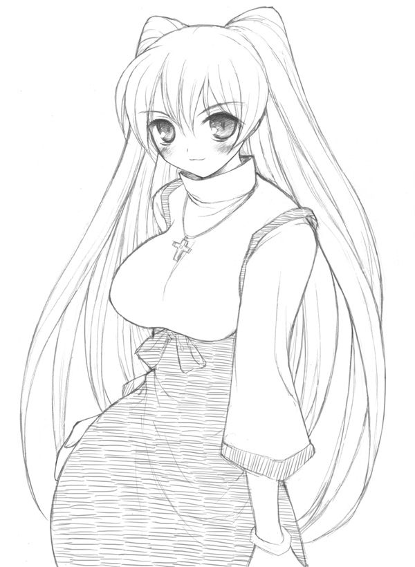 mutsutake, kousaka tamaki, to heart (series), to heart 2, 00s, breasts, greyscale, large breasts, long hair, monochrome, sketch, solo