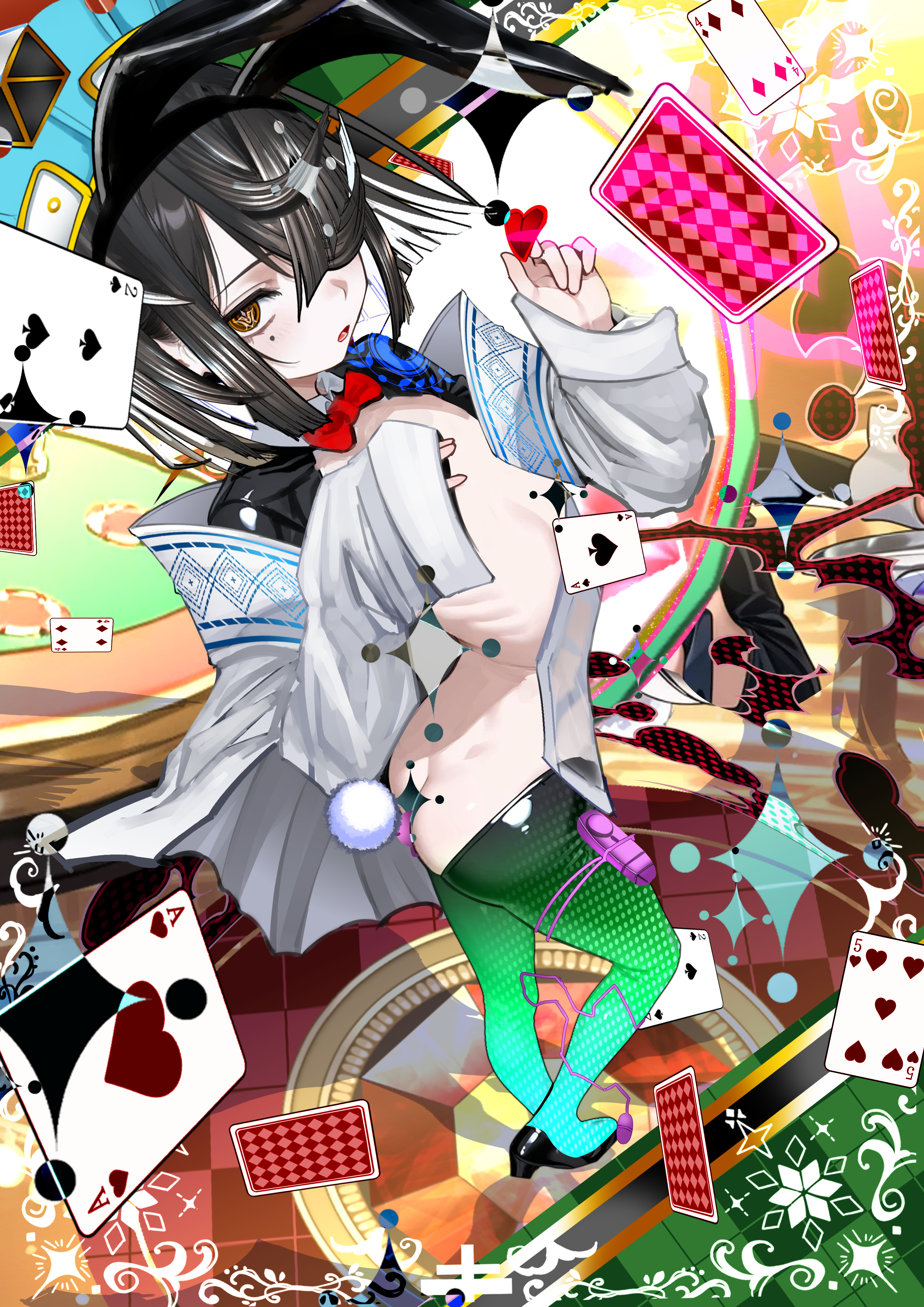 kitsunebi44410, xu fu (fate), fate/grand order, fate (series), absurdres, highres, 1girl, ass, black hair, breasts, brown eyes, convenient censoring, hair over one eye, hiphighs, long sleeves, looking at viewer, mole, mole under eye, open mouth, reverse bunnysuit, reverse outfit, short hair, shrug (clothing), small breasts, solo