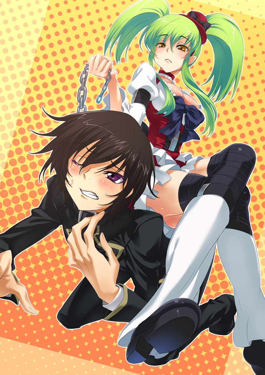 hisasi, c.c., lelouch vi britannia, code geass, sunrise (company), highres, 00s, 1boy, 1girl, chain, chain leash, collar, femdom, green hair, hat, leash, long hair, sitting, thighhighs, yellow eyes
