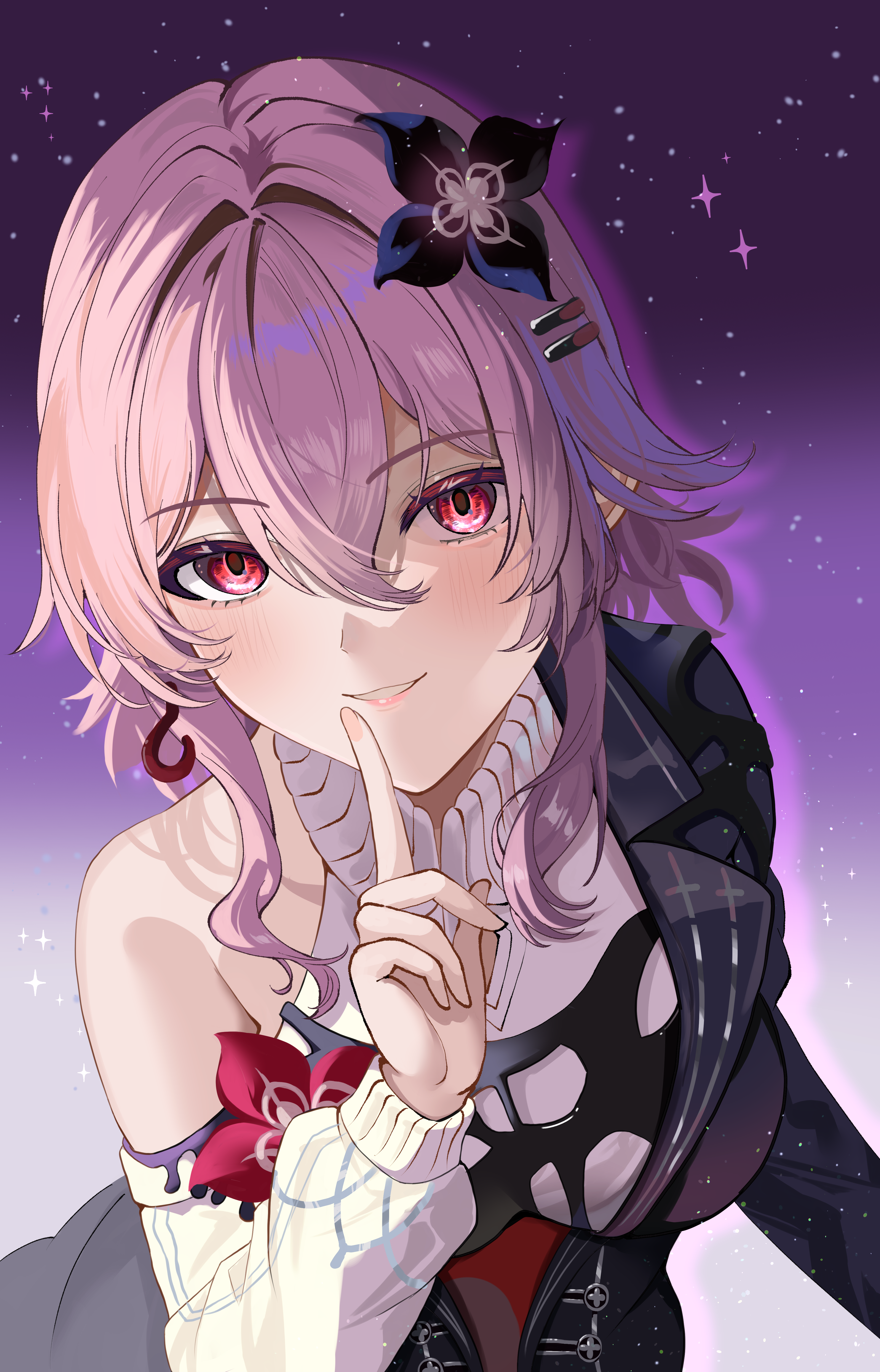 rererere mon, evernight (honkai: star rail), march 7th (honkai: star rail), honkai: star rail, honkai (series), absurdres, commentary, highres, 1girl, black jacket, blush, breasts, gradient background, grin, hair between eyes, hair ornament, hairclip, hand up, index finger raised, jacket, large breasts, long hair, long sleeves, looking at viewer, parallel hairclips, pink hair, purple background, red eyes, single bare shoulder, smile, solo, sweater, upper body, white sweater