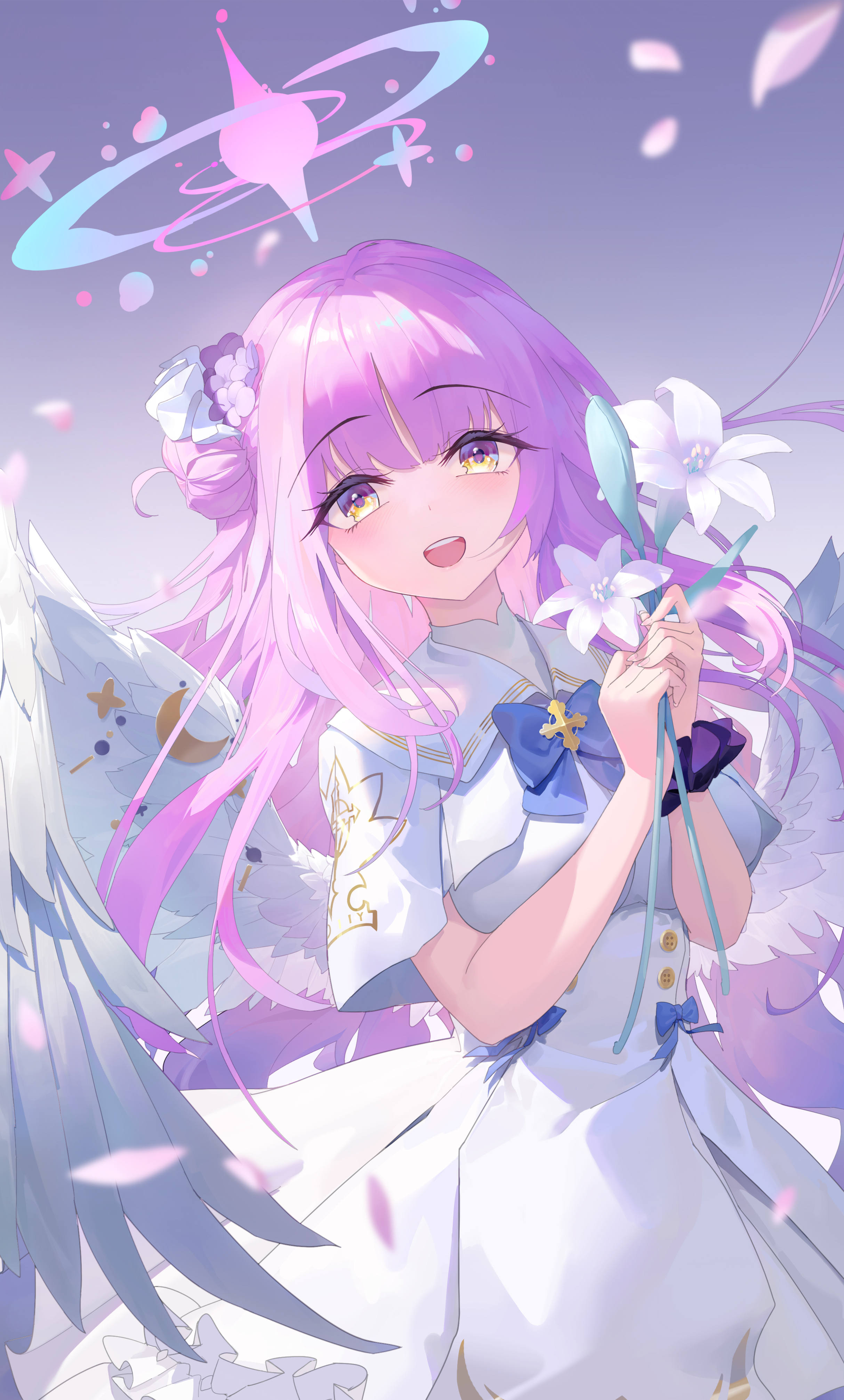 milk (pixiv45069038), mika (blue archive), blue archive, absurdres, highres, 1girl, angel wings, blue bow, blush, bow, breasts, buttons, capelet, crescent, double-breasted, dress, feathered wings, flower, gold trim, hair bun, hair flower, hair ornament, halo, holding, holding flower, long hair, looking at viewer, low wings, medium breasts, open mouth, pink hair, pink halo, purple eyes, single hair bun, single side bun, smile, solo, very long hair, white capelet, white dress, white flower, white wings, wing ornament, wings